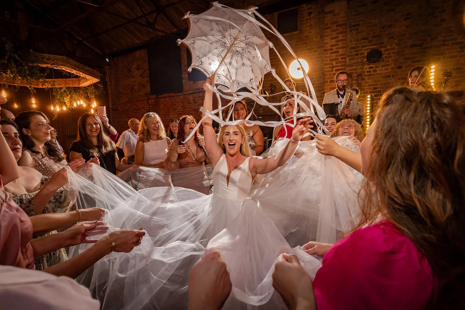 bride dancing during reception party at white syke fields in yorkshire