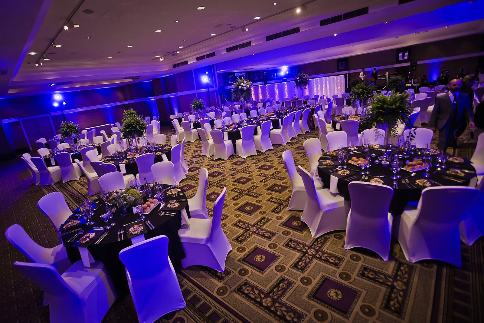 midland hotel alexandra suite reception room set up for dinner and dancing with lighting and decor