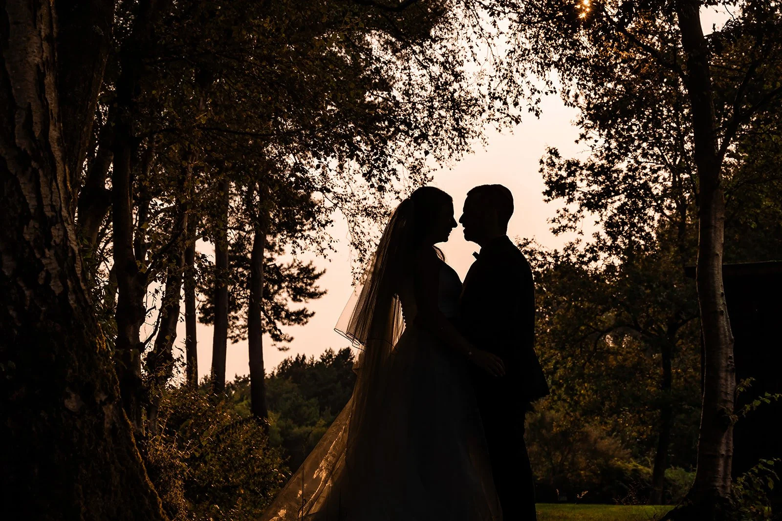 Bride and groom silhouette at golden hour, Nunsmere Hall grounds, warm amber sky
