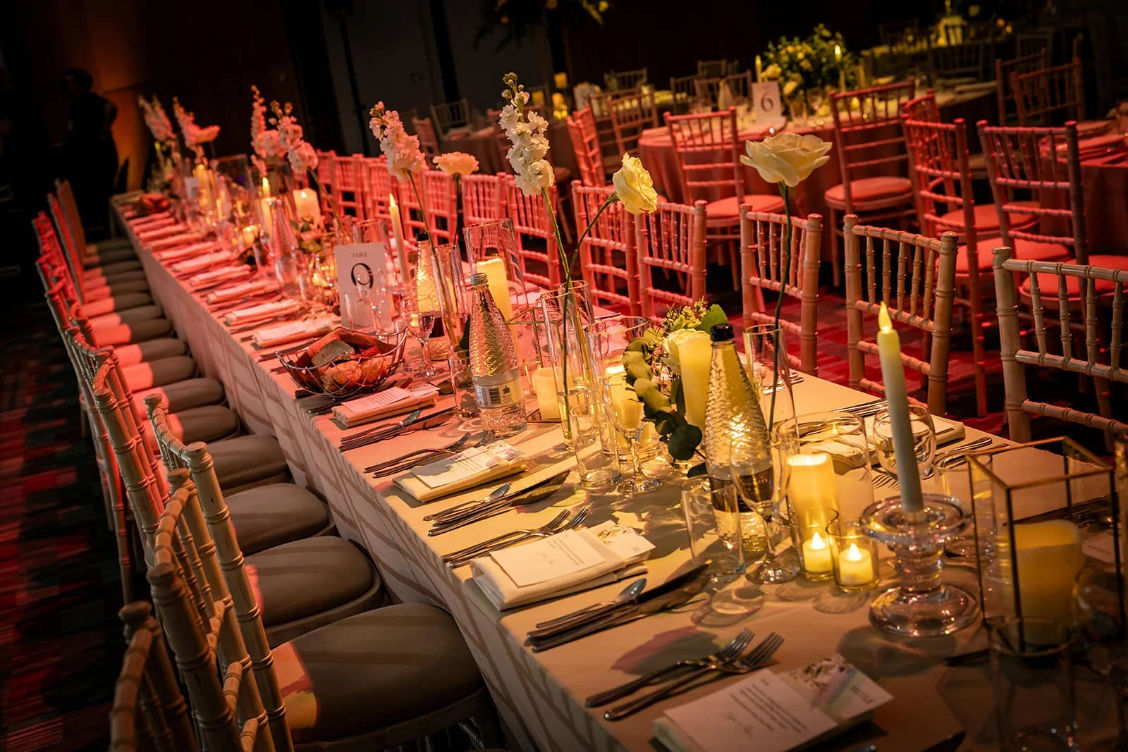 manchester deansgate hotel wedding reception room set up for dinner and dancing with decor and lighting