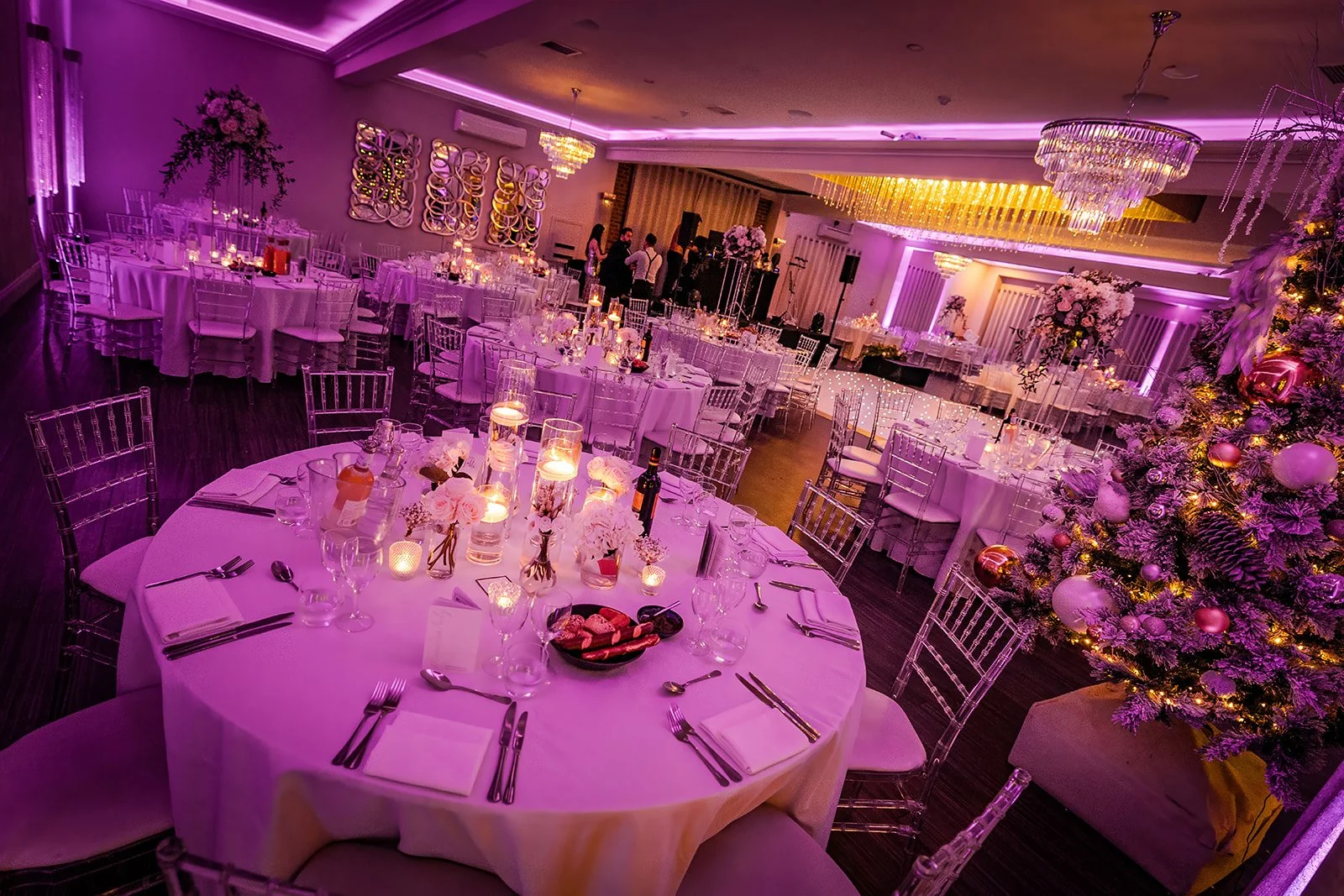 merrydale manor reception room set up with decor and lighting
