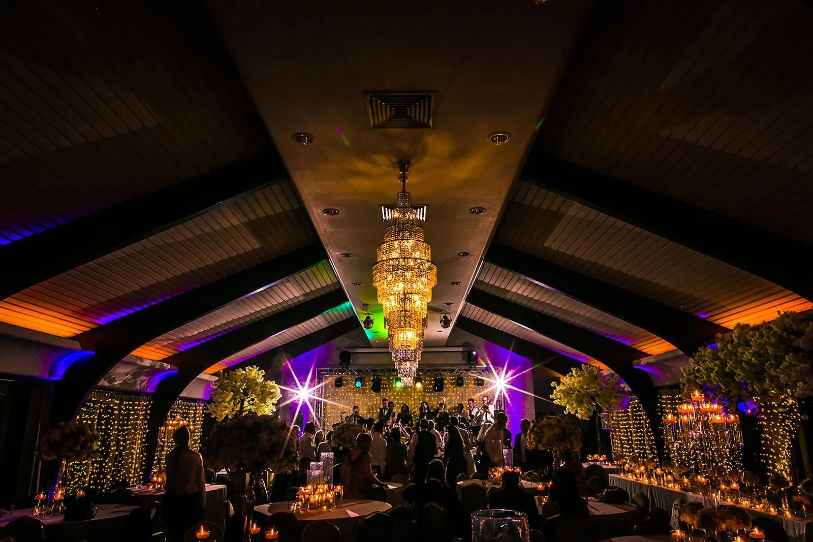Atmospheric wide angle during reception party at colshaw hall wedding venue