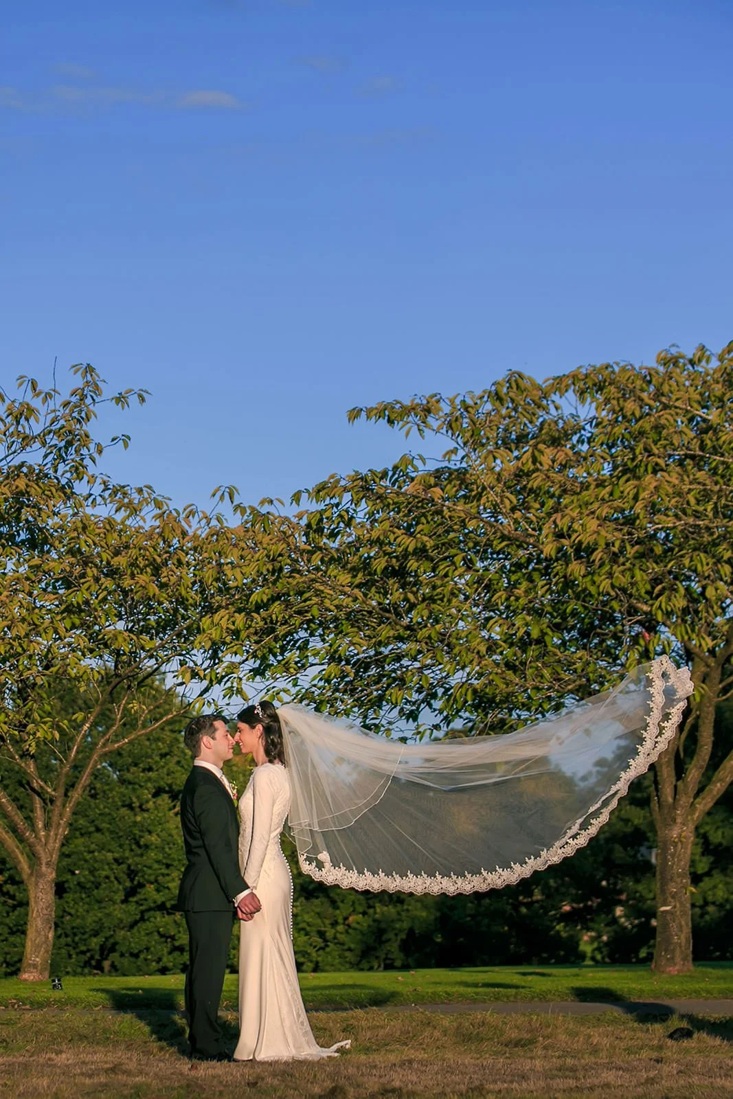 Bride with cathedral veil caught in breeze, The Mere grounds, blue sky
