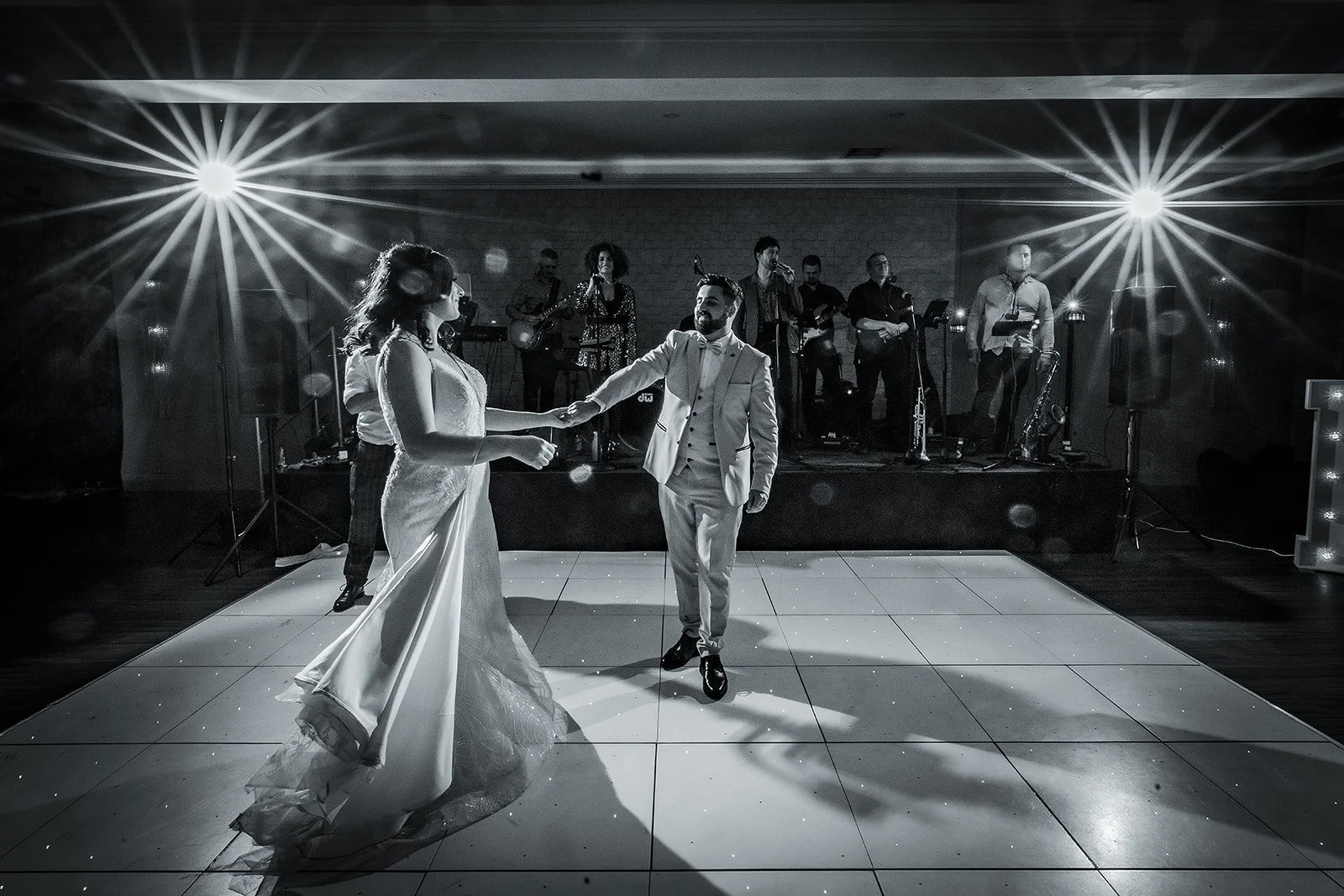 Merrydale Manor wedding first dance live band on stage – wedding photography North West