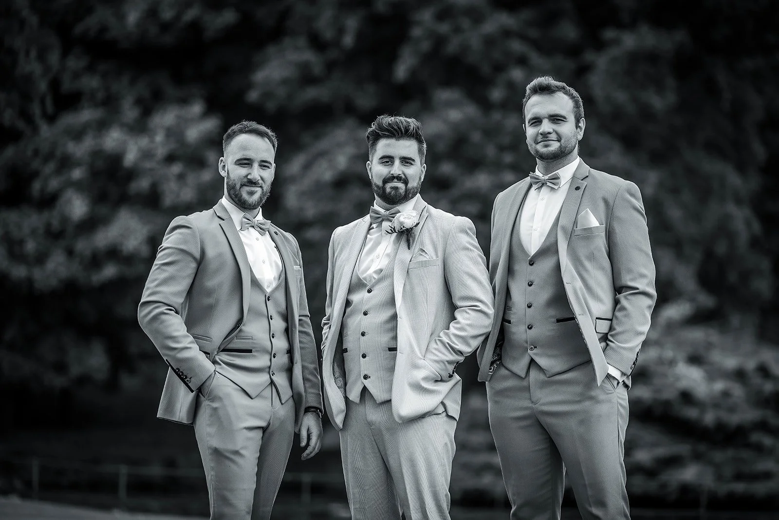 Merrydale Manor wedding three groomsmen portrait outdoors – wedding photography North West