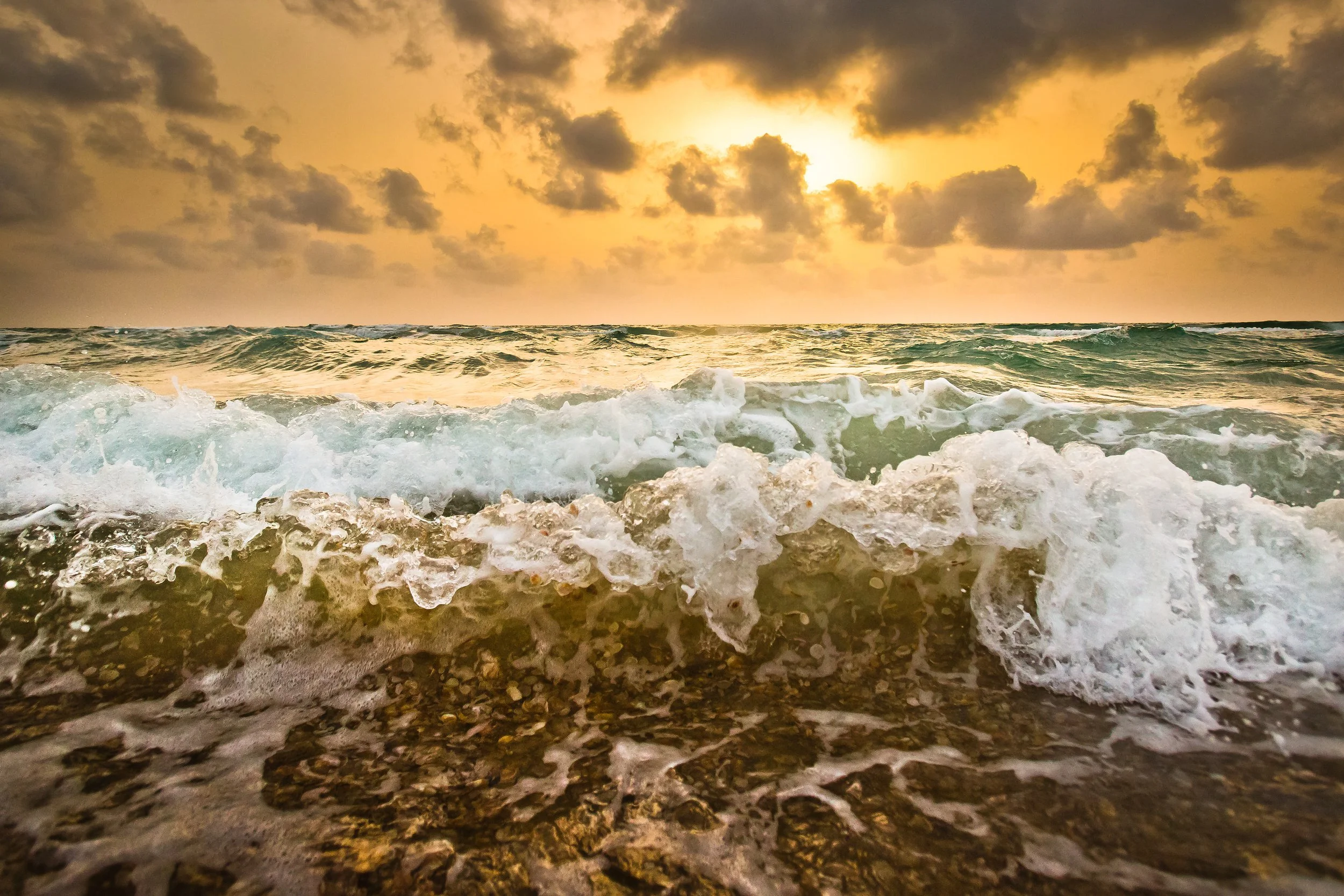 wave breaking on beach revealing shells with sunset