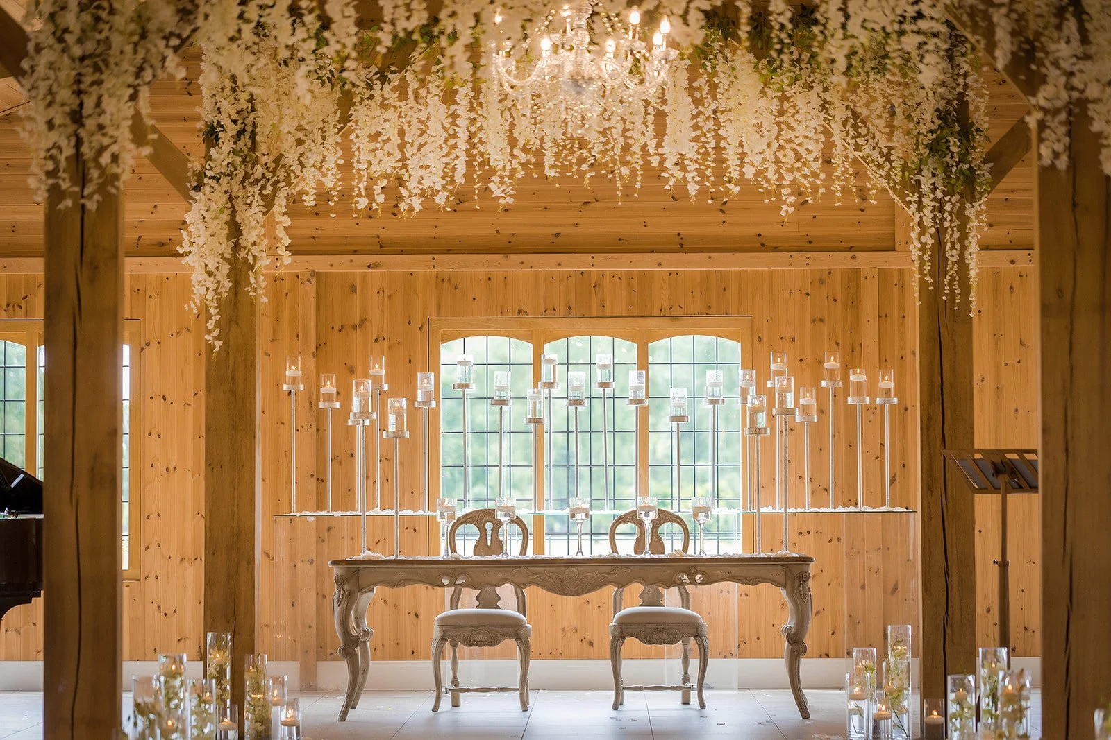 Merrydale Manor wedding interior hanging florals candles tall stands – wedding photographer North West England