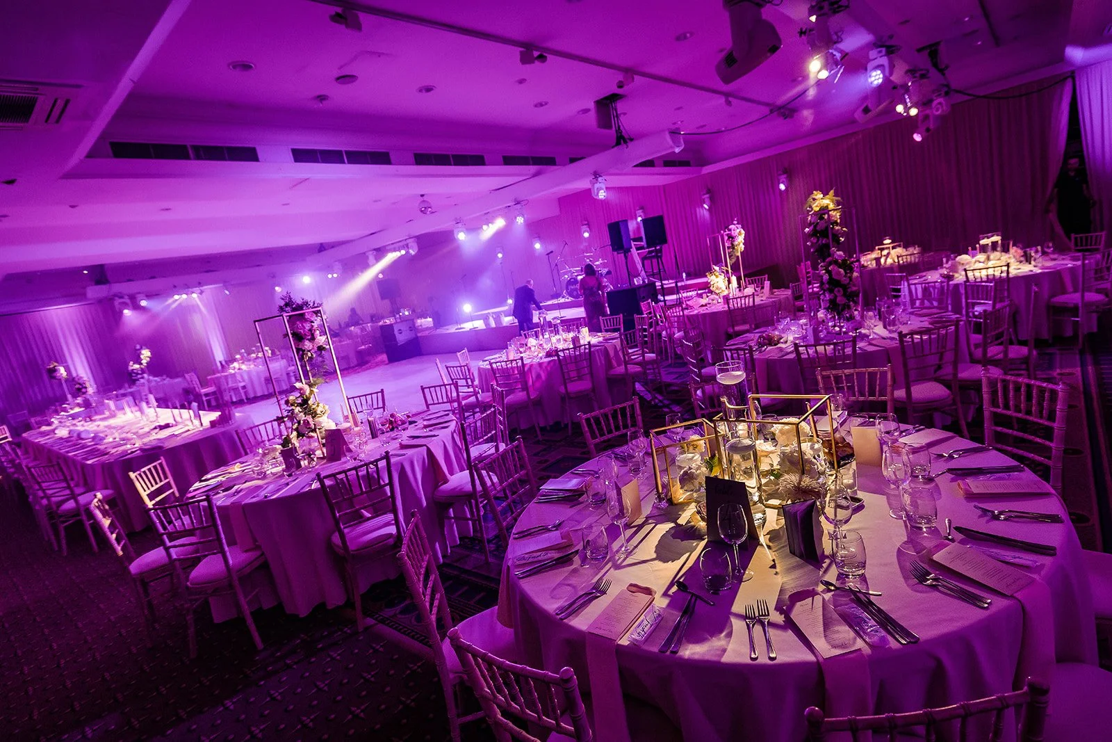 midland hotel alexandra suite reception room set up for dinner and dancing with lighting and decor