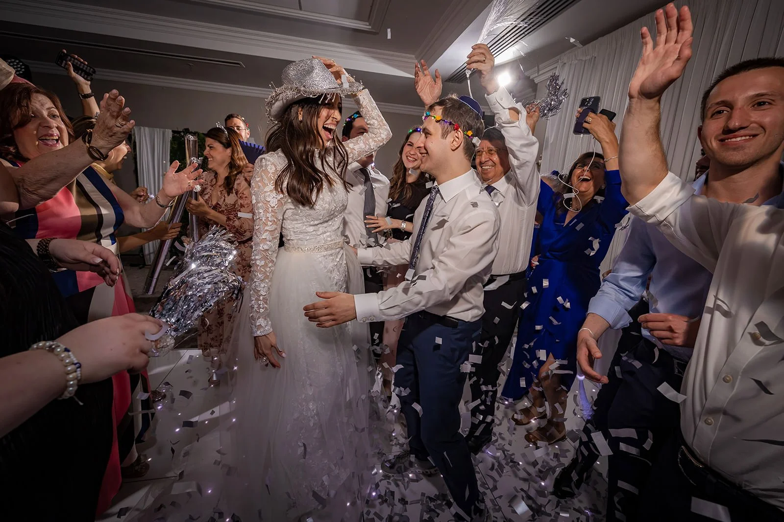 bride and groom dancing with confetti during reception party at worsley marriott hotel