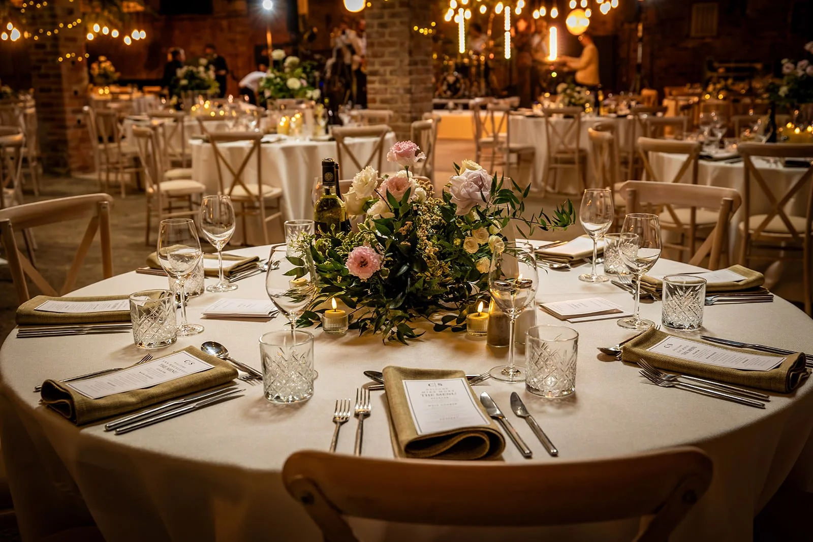 wedding reception dinner set up in wheelhouse at white syke fields in yorkshire