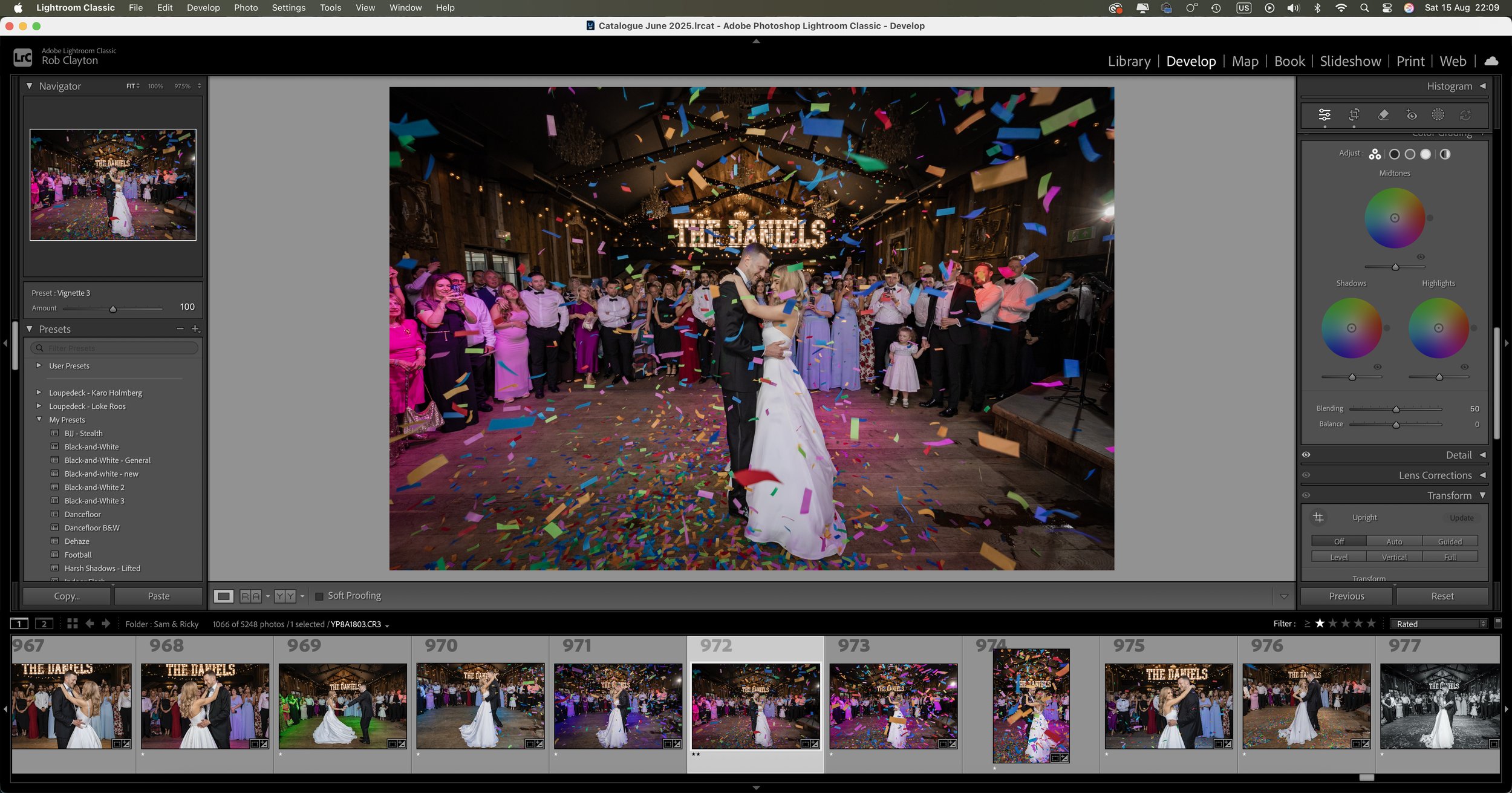 Wedding photo being individually edited in Adobe Lightroom, adjusting colour, exposure and contrast