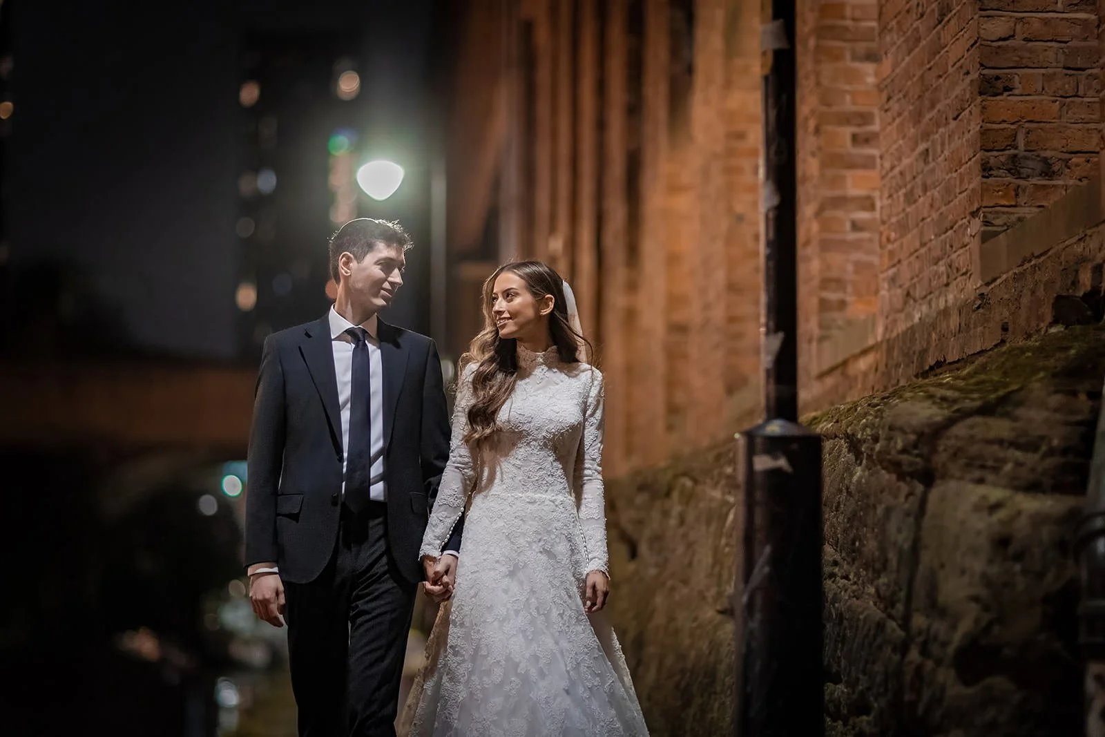 bride and groom newlywed couple portrait in castlefield manchester