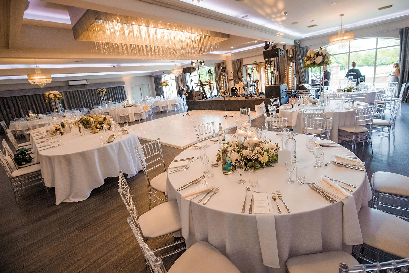 Merrydale Manor wedding reception hall decorated with round tables – wedding photography Cheshire