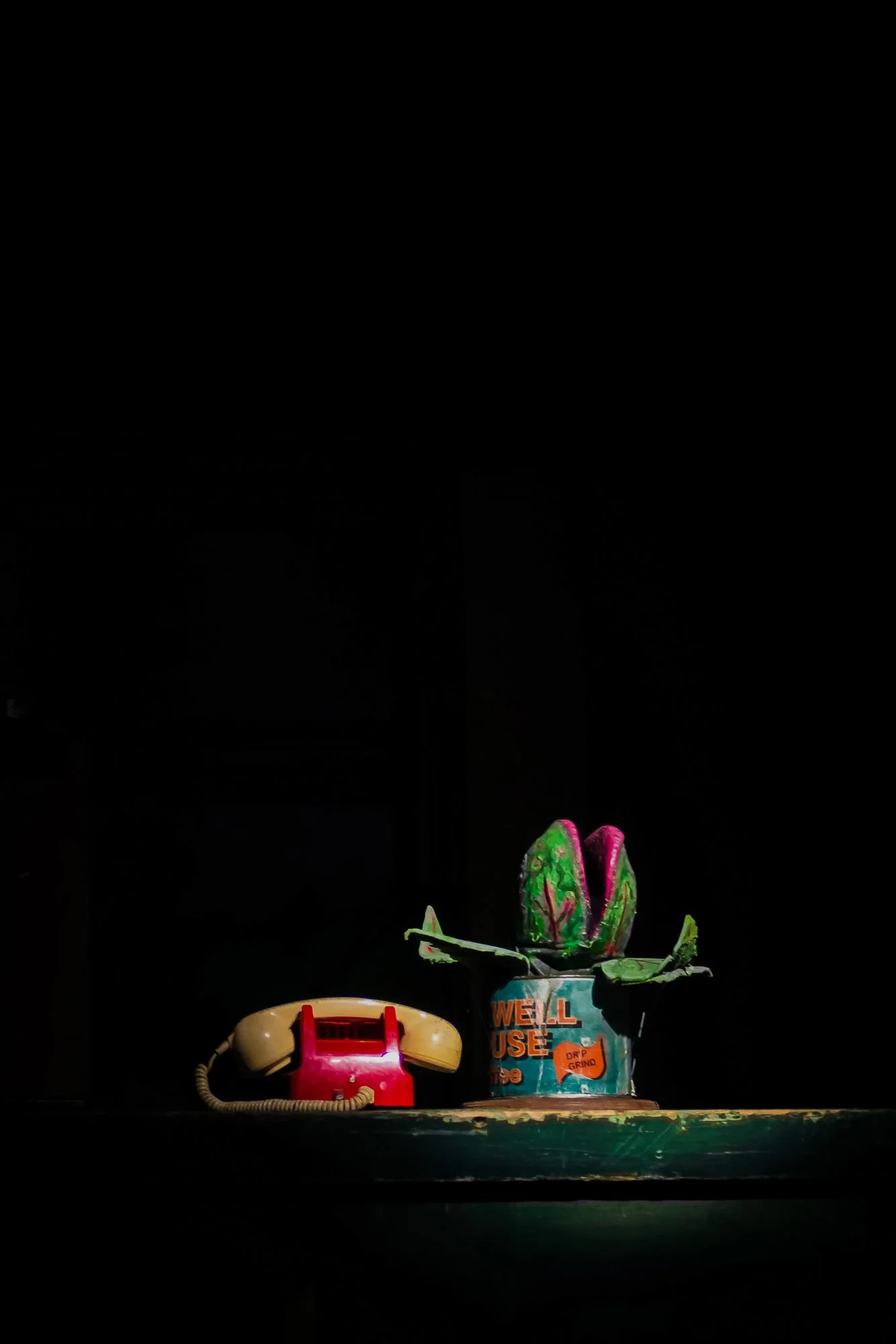 little shop of horrors musical theatre production photograhy with carnivorous plant and phone