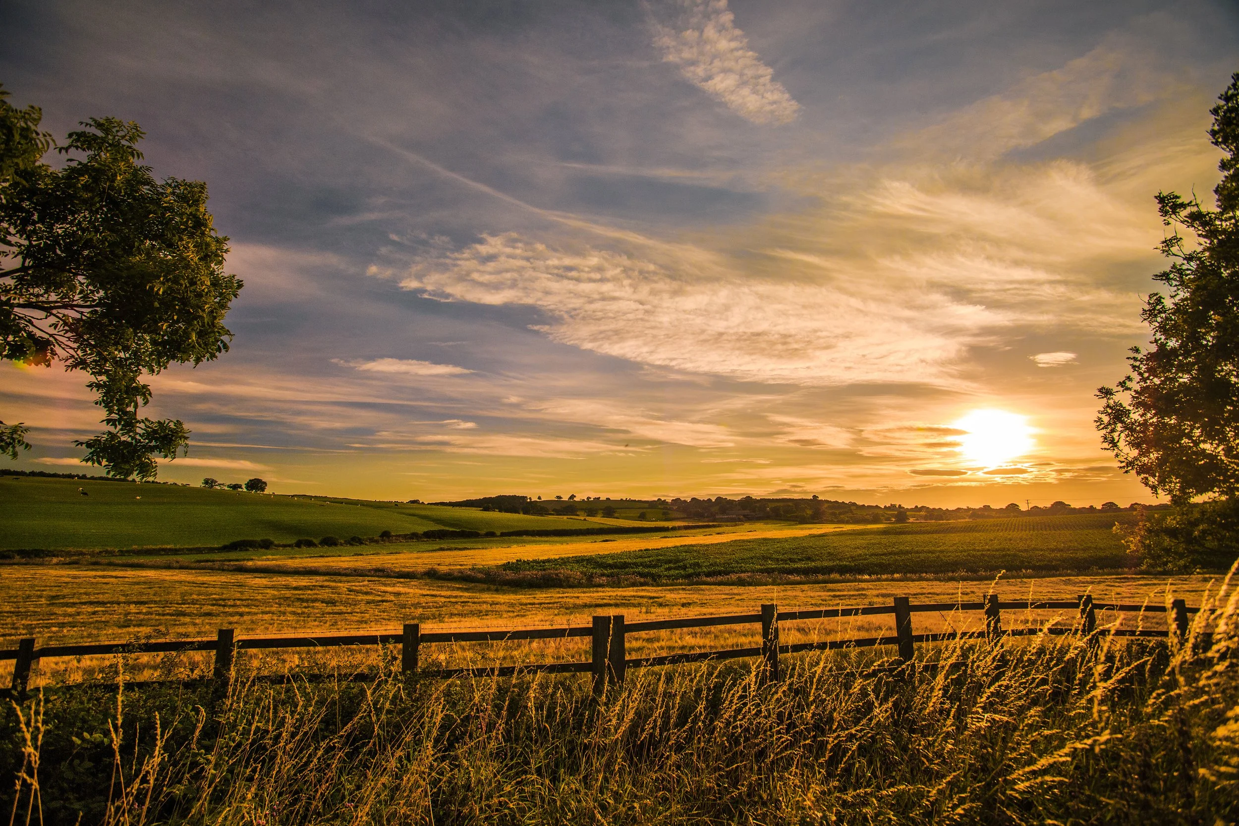English countryside scene with sunset
