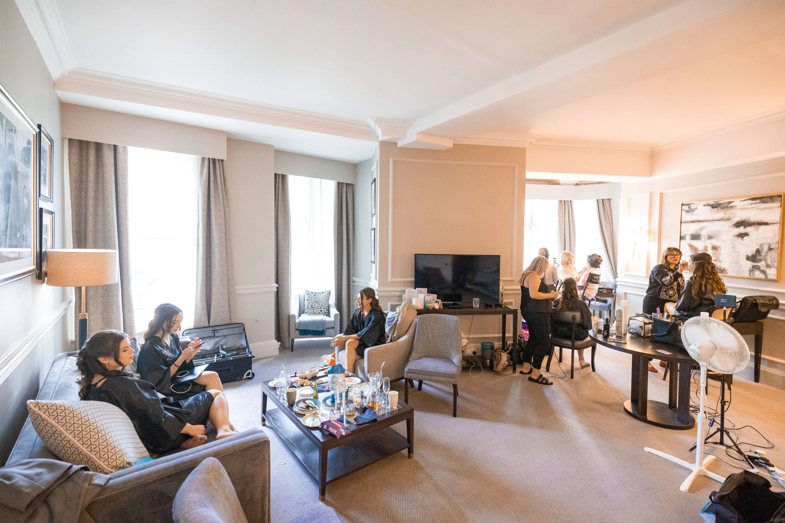 wide angle of bridal prep at midland hotel manchester