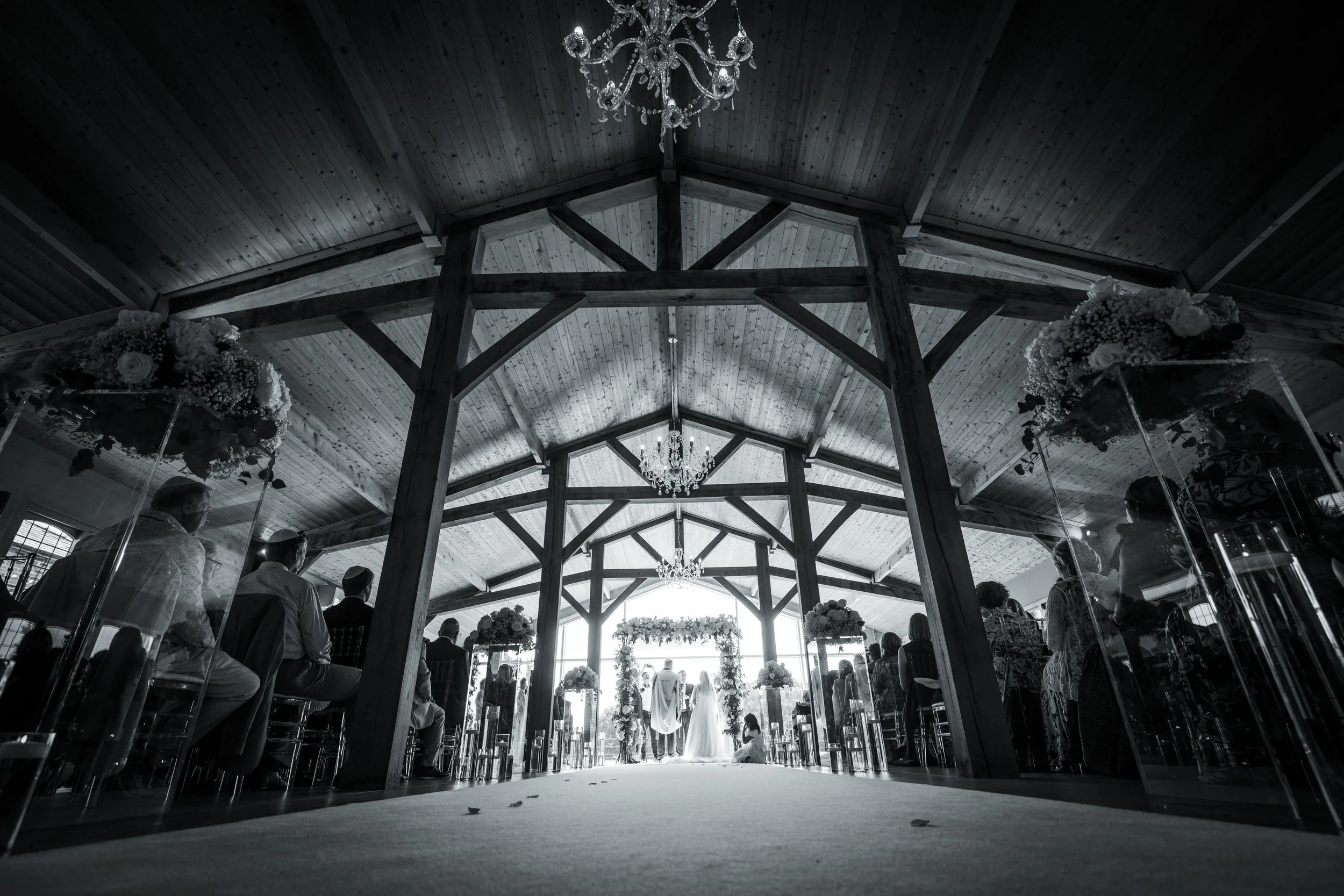 Merrydale Manor wedding ceremony vaulted wooden venue guests seated – wedding photography Cheshire