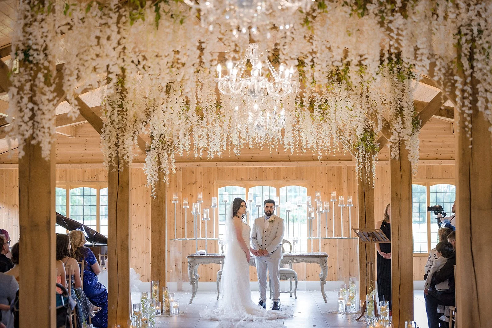 Merrydale Manor wedding ceremony altar hanging flowers chandeliers – wedding photographer North West England