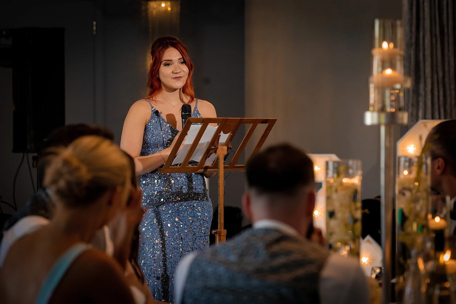 Merrydale Manor wedding guest giving speech at lectern – wedding photographer North West England