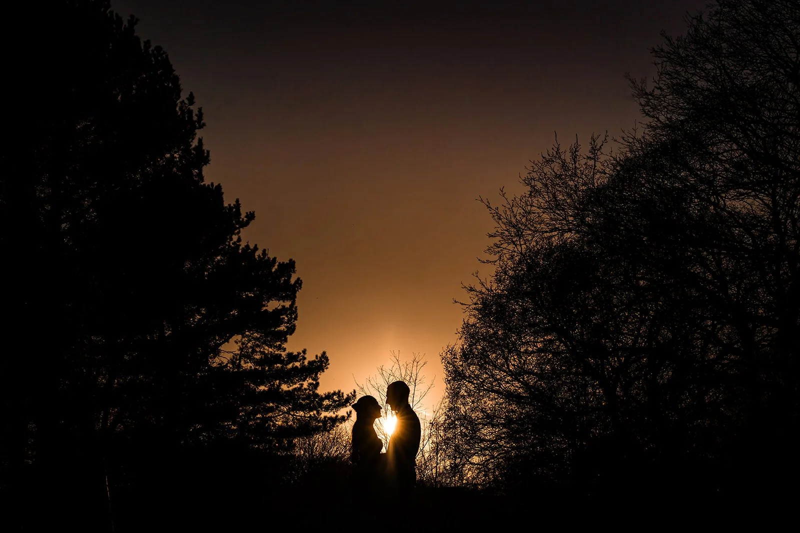 silhouette golden hour bride and groom newlywed couple portrait in sefton park in liverpool