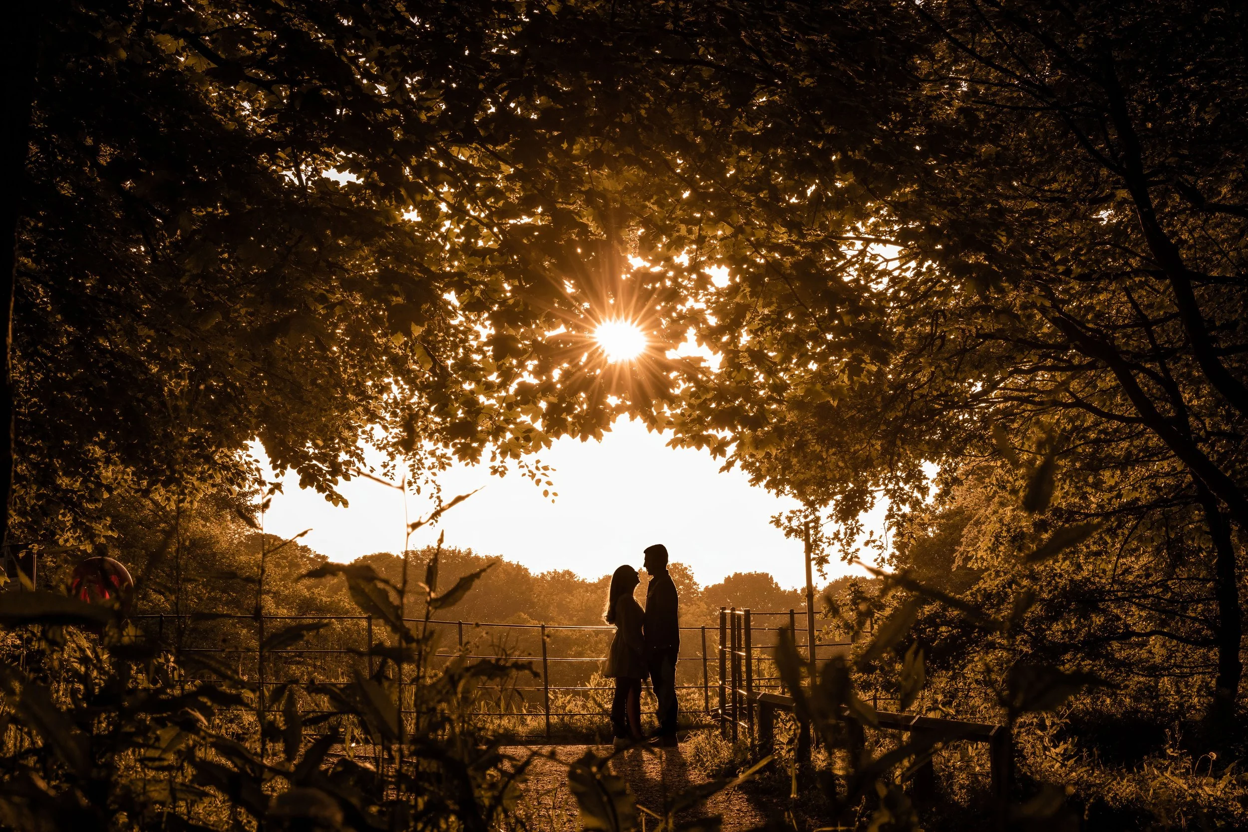 romantic silhouette portrait with sunset in park in leeds