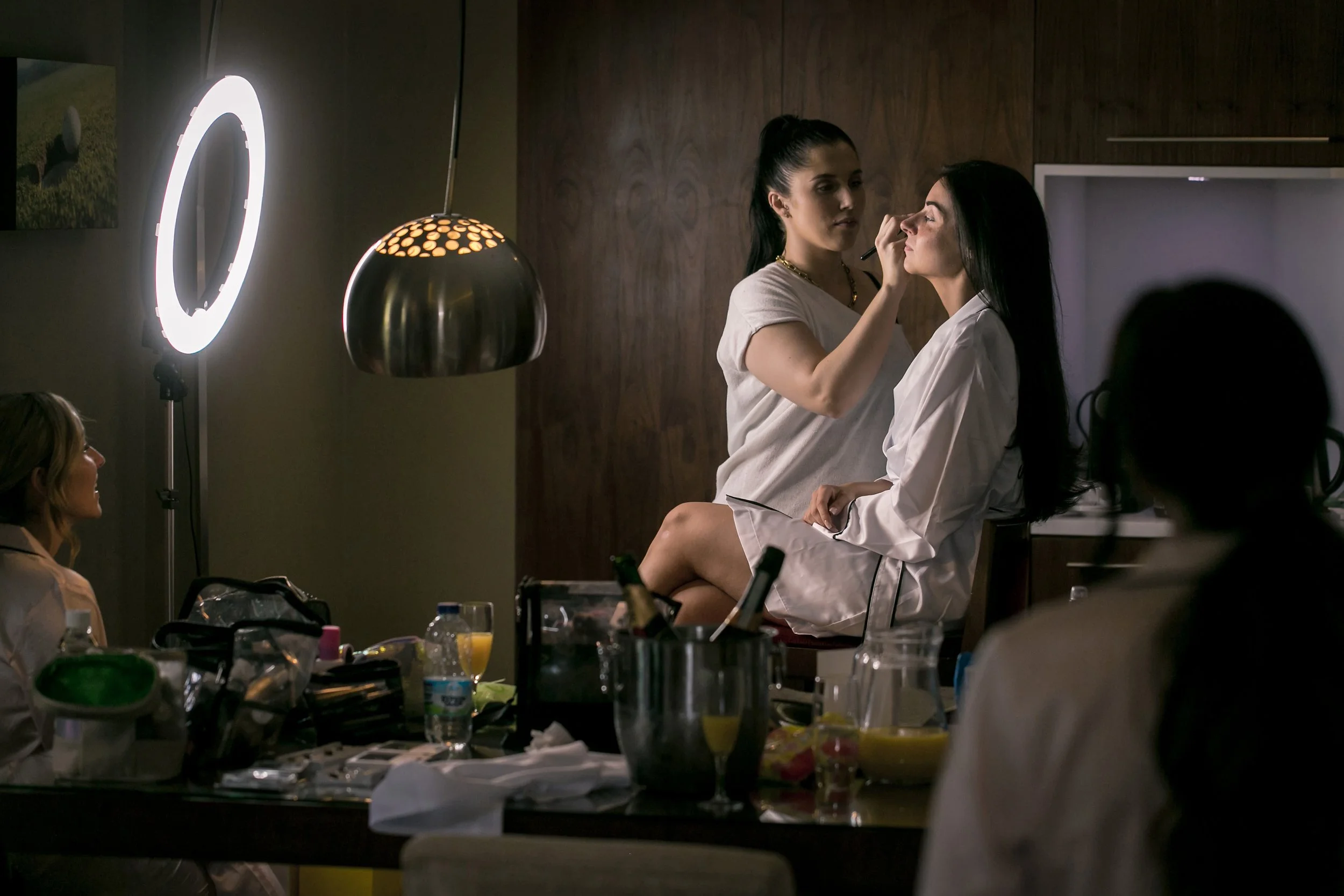 Bridal prep at The Mere hotel room, ring light and makeup setup
