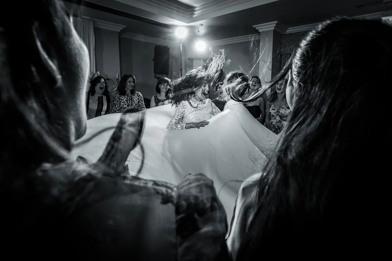 bride and groom dancing with guests during reception party at worsley marriott hotel