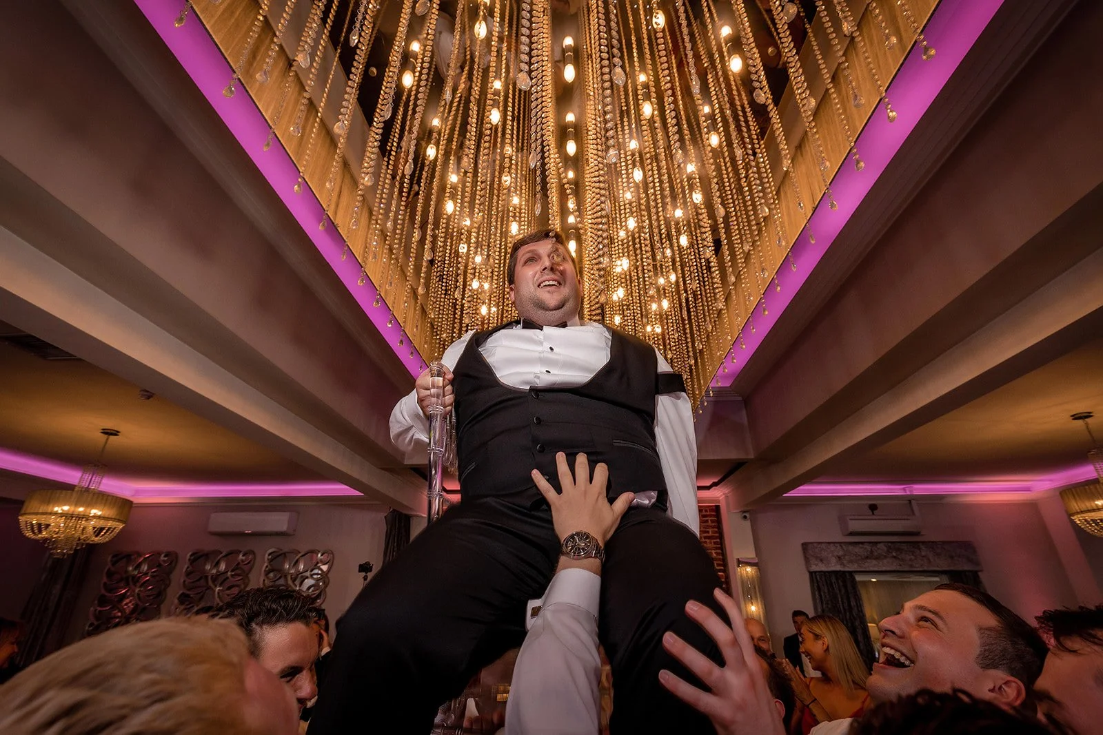 Merrydale Manor wedding groom on shoulders at party reception – wedding photographer North West England