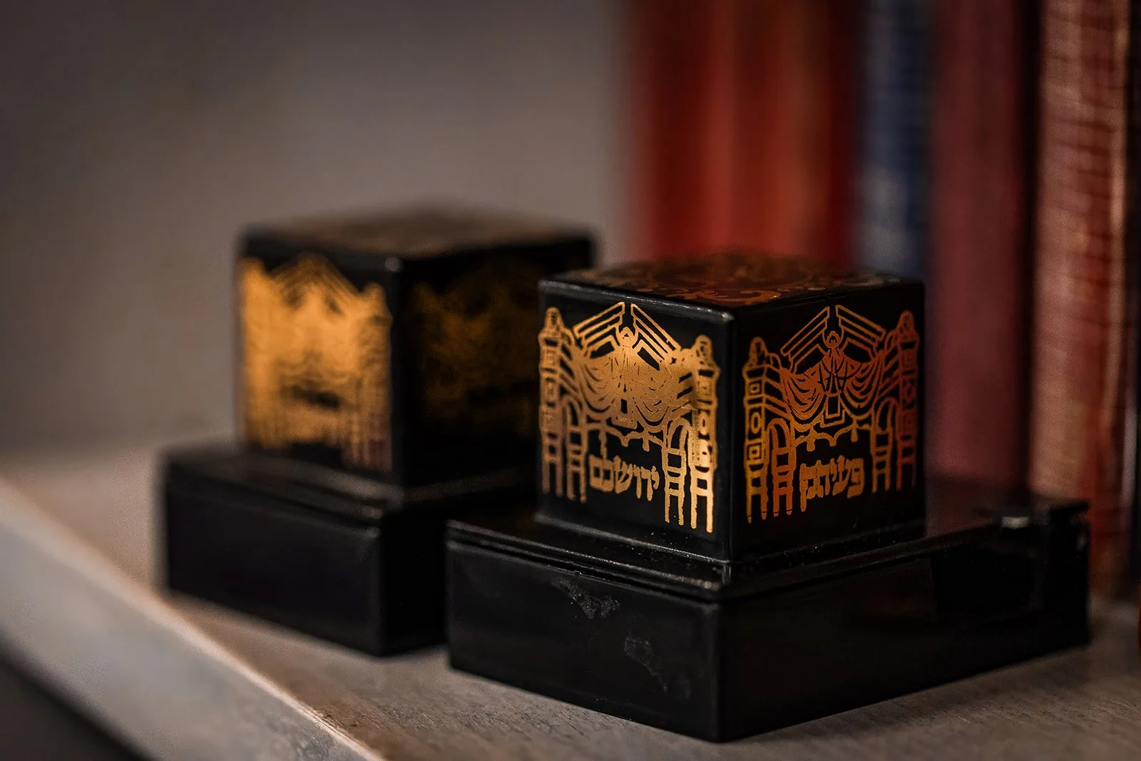 detail of barmitzvah boy's tefillin boxes in synagogue in Manchester