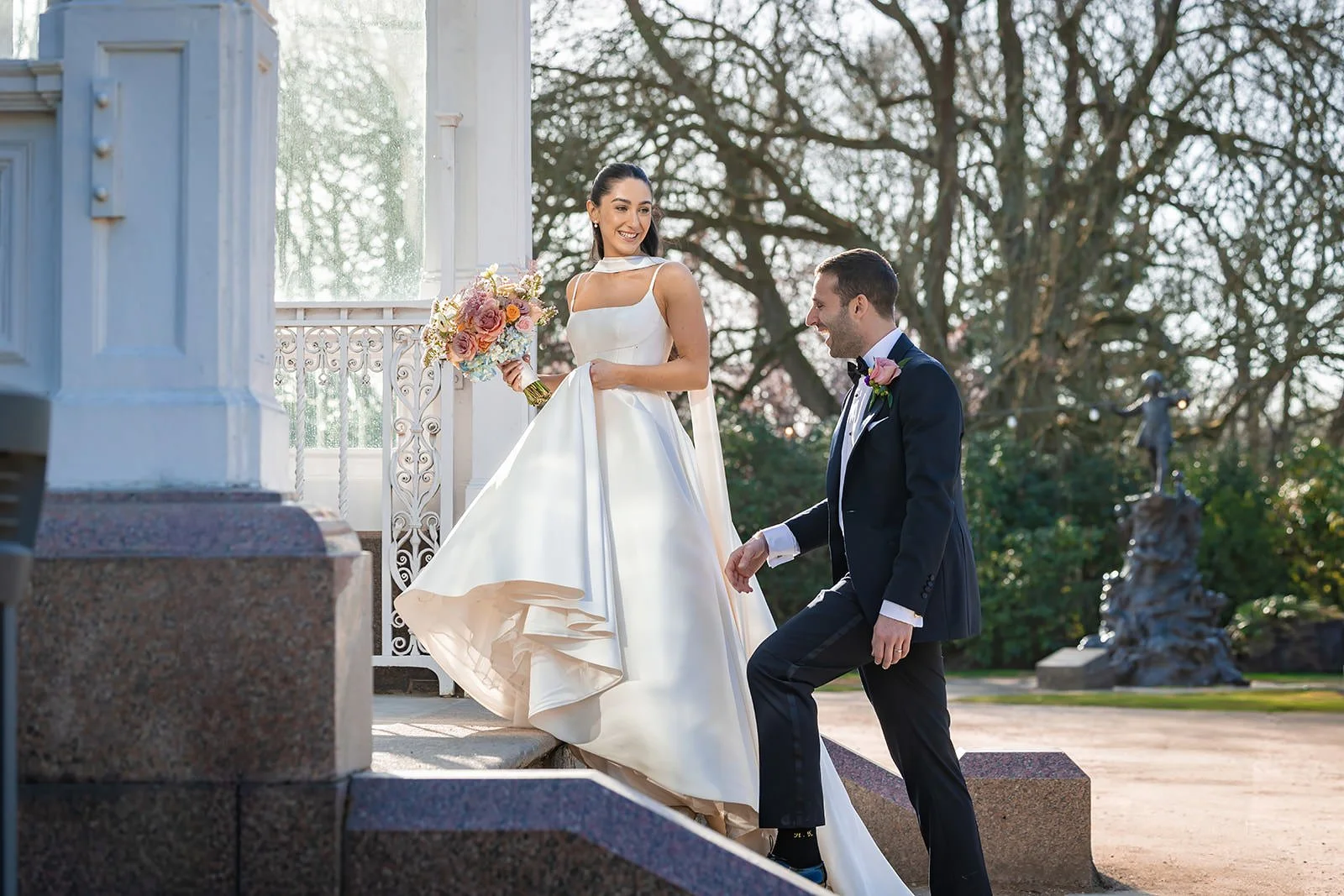 romantic bride and groom newlywed couple portrait at sefton park palm house in liverpool