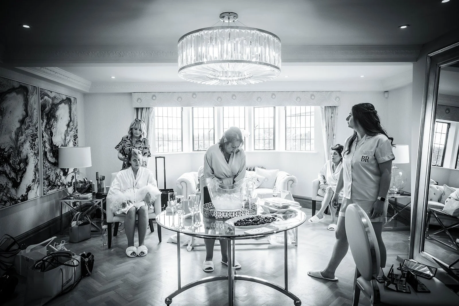 Merrydale Manor wedding bridal party getting ready black and white – documentary wedding photography Manchester