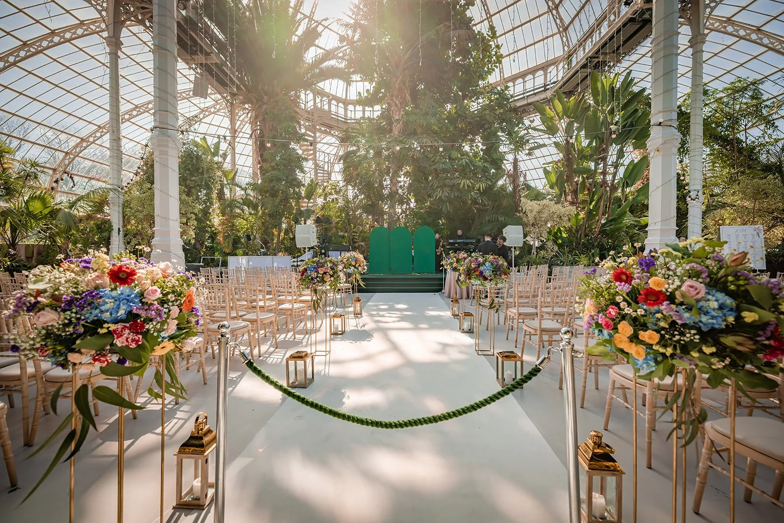 wedding ceremony set up inside sefton park palm house in liverpool