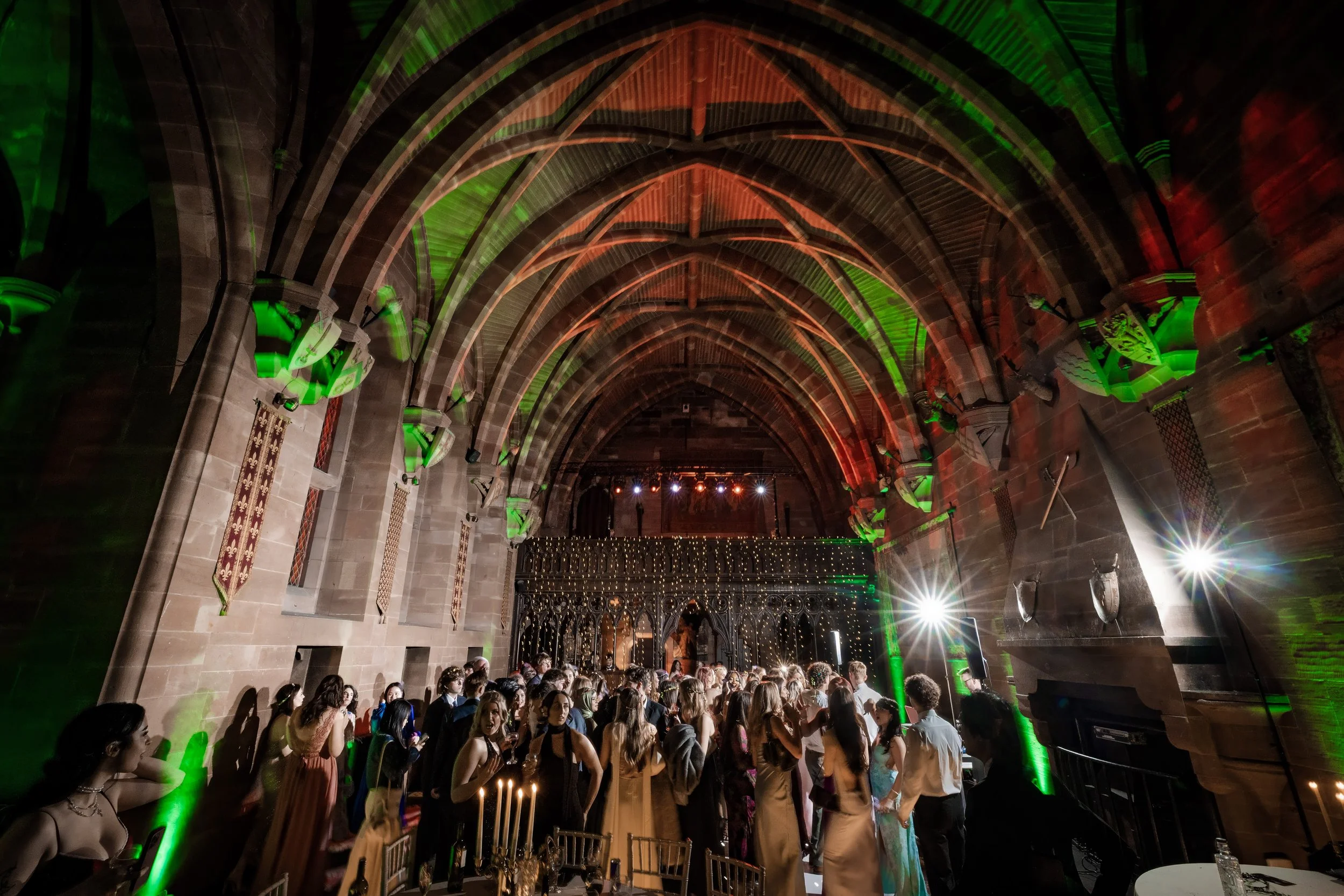 Guests dancing at the Manchester University Law Society Summer Ball at Peckforton Castle