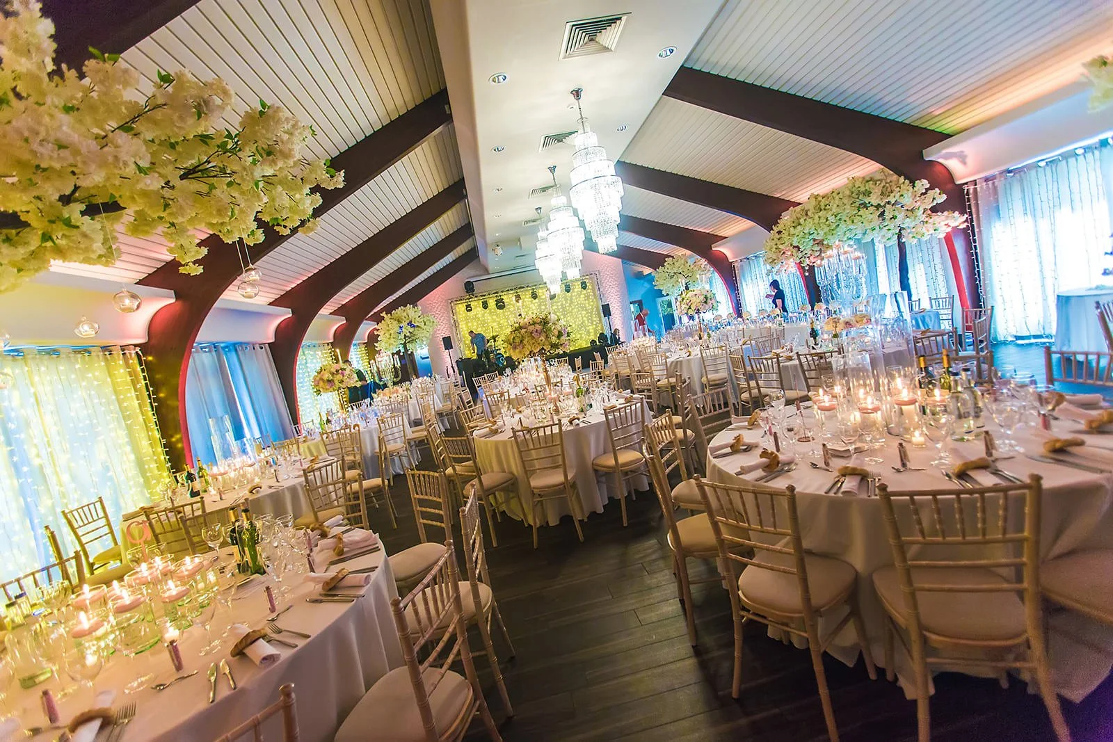 peel suite at colshaw hall reception set up with decor and flowers