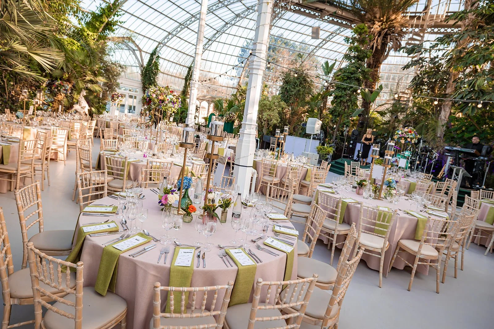sefton park palm house wedding venue interior set up for reception dinner and dancing