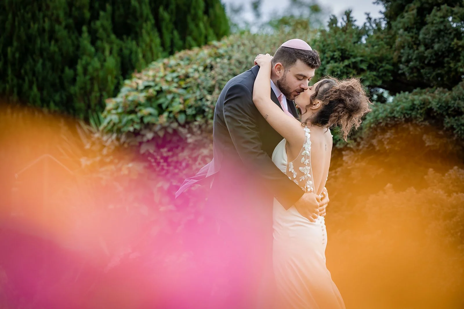 romantic bride groom newlywed couple portrait in secret garden at heaton house farm in macclesfield