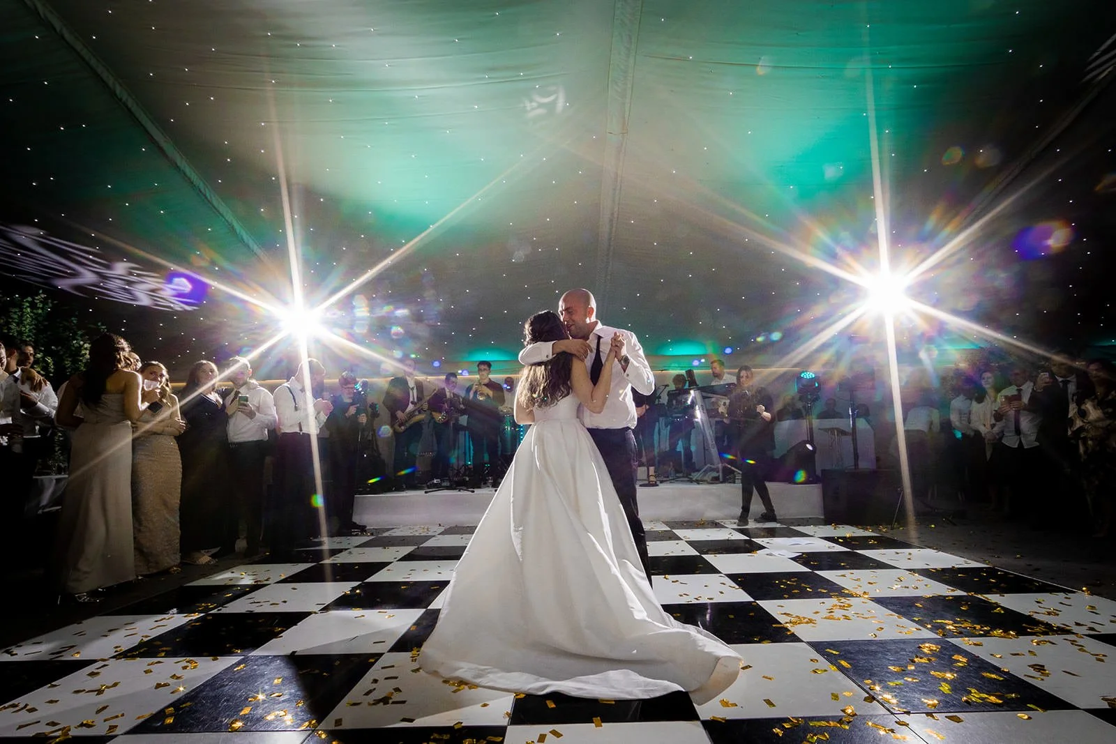 bride groom first dance during wedding evening reception at nunsmere hall venue in cheshire