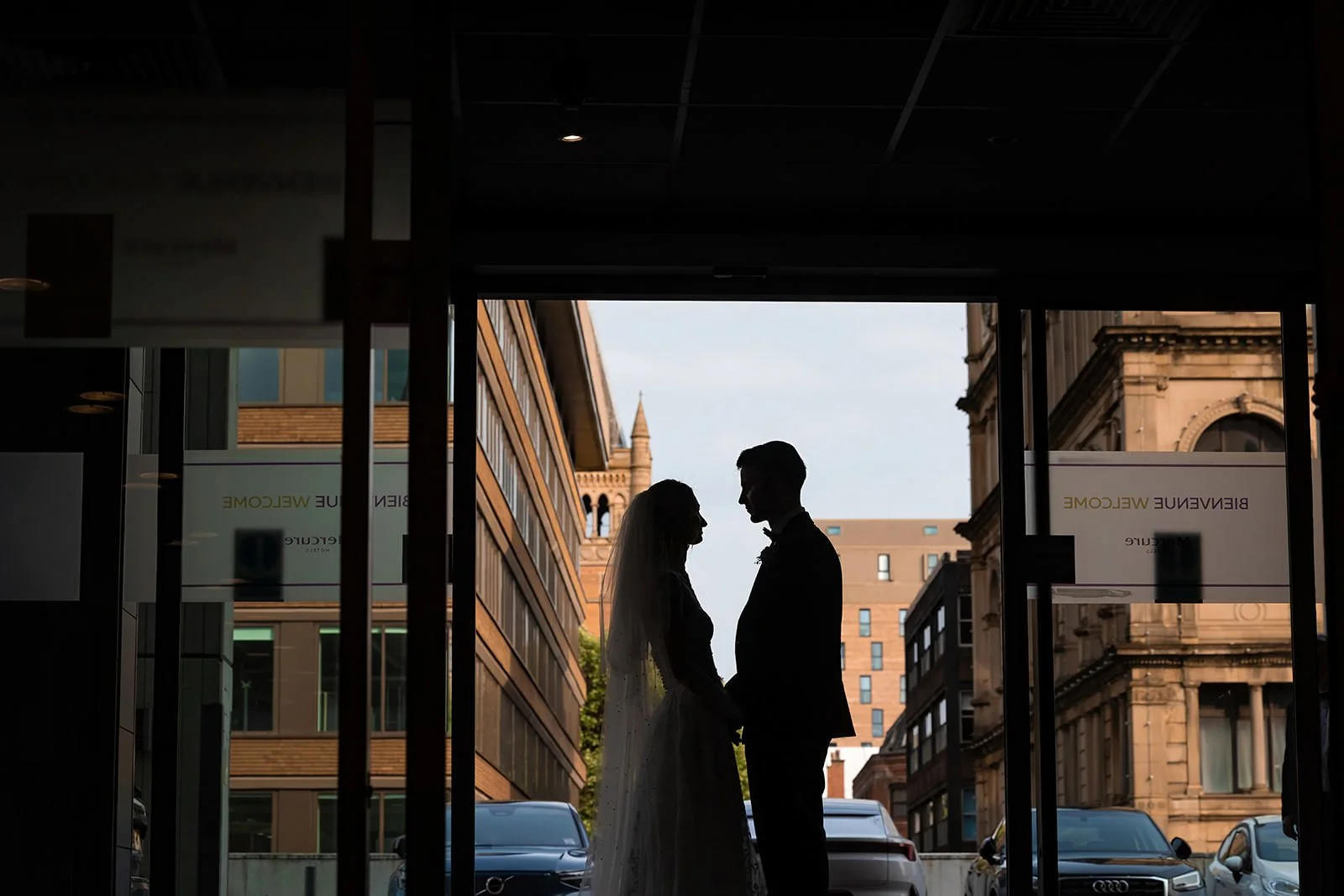 silhouette bride and groom newlywed couple portrait at mercure manchester piccadilly