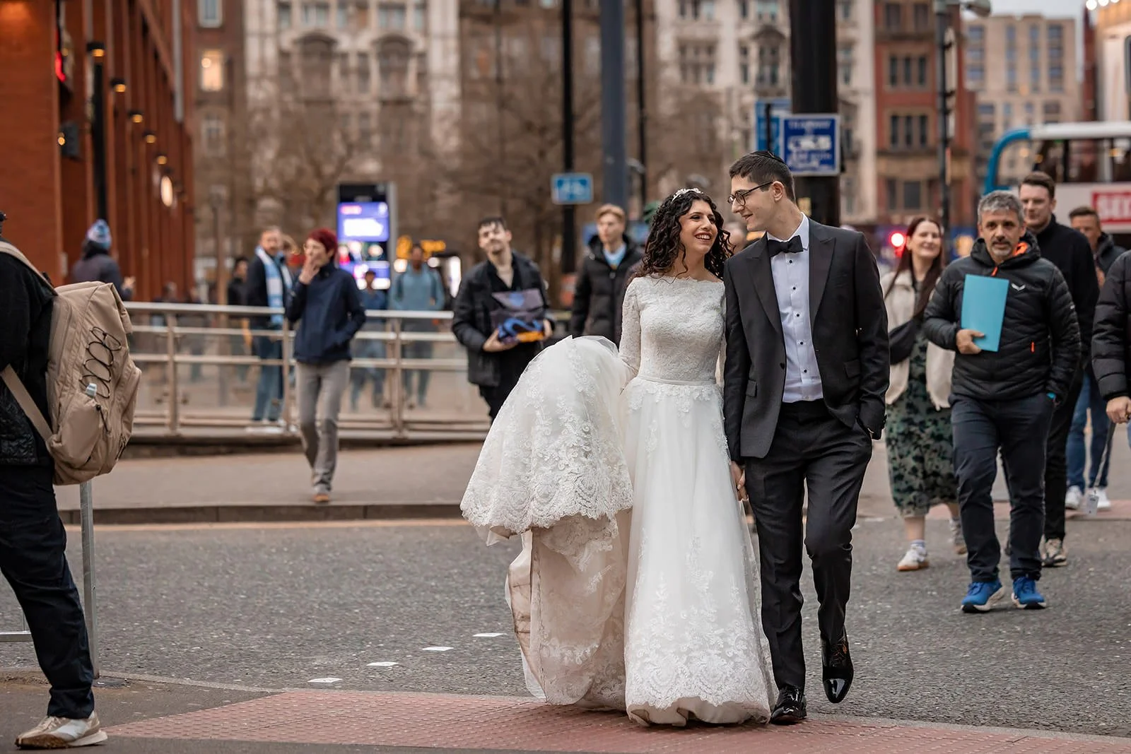 bride and groom newlywed couple portrait outside mercure manchester piccadilly