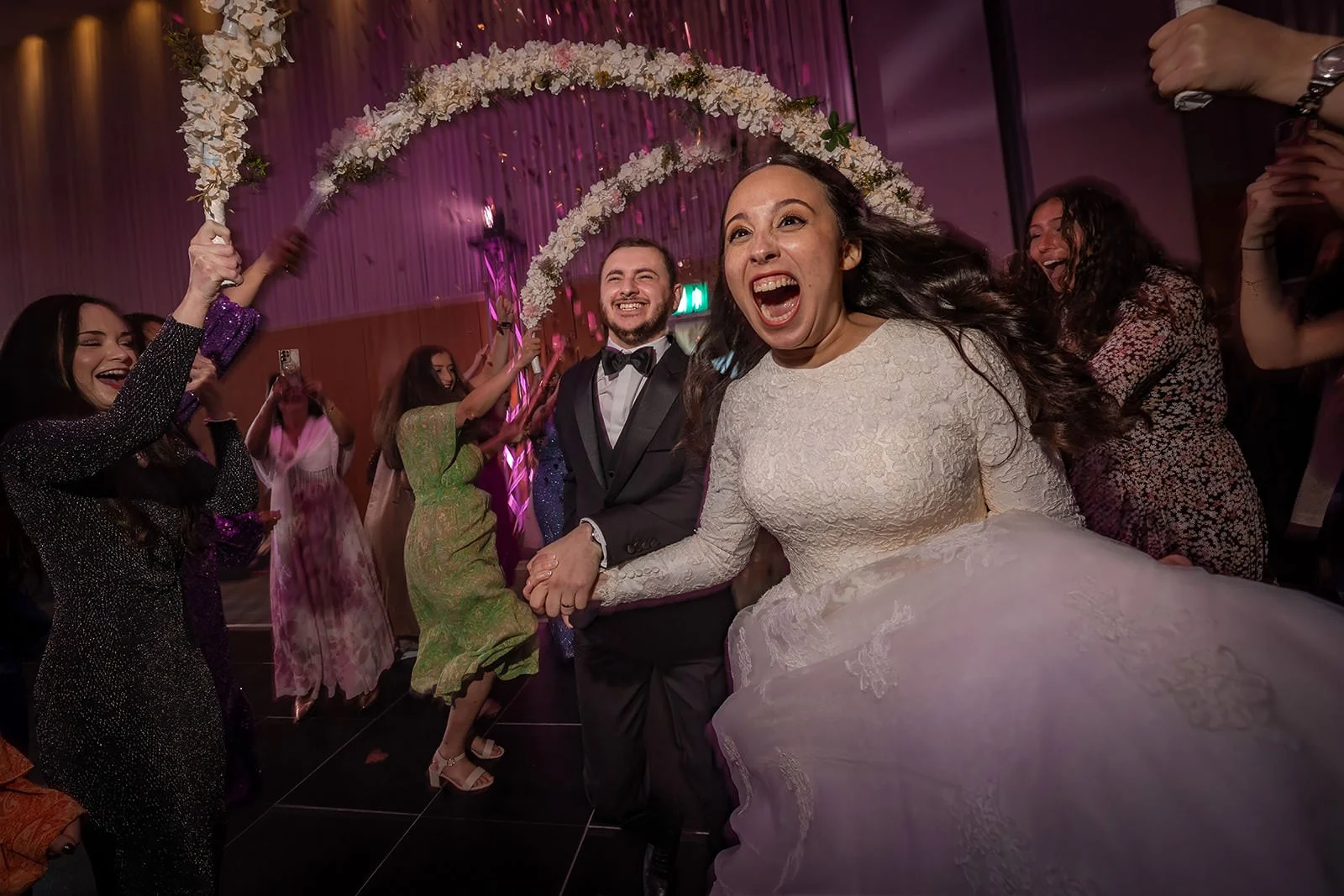 bride and groom make entrance into wedding reception dance floor at manchester deansgate hotel