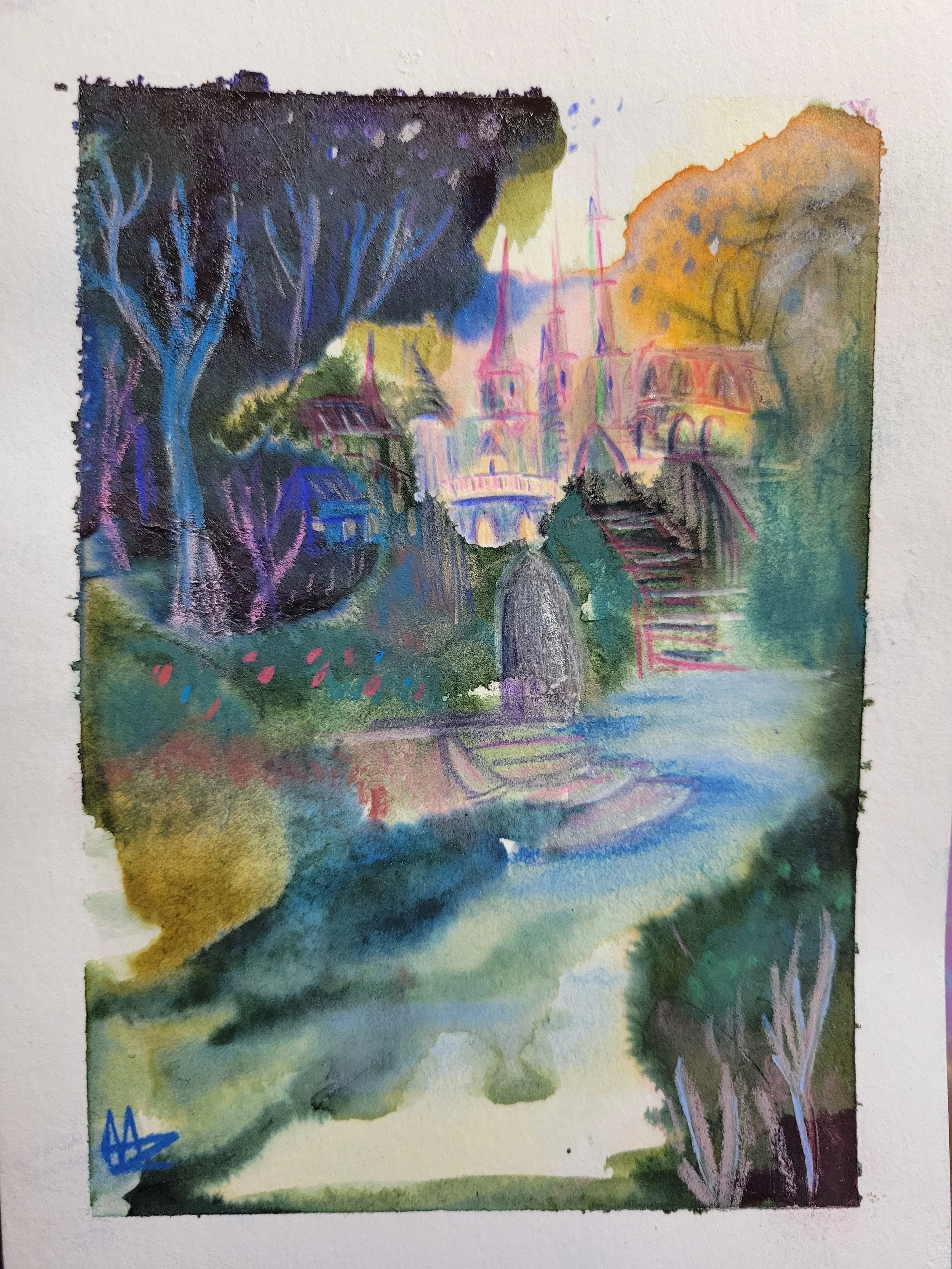 A colorful watercolor painting of a landscape with trees, a bridge, and a building with spires in the background, featuring a signature or initials in the bottom left corner.