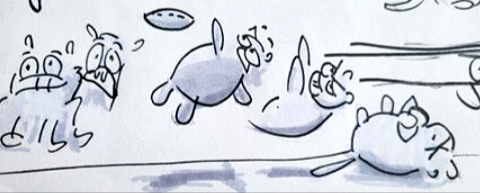 A sketch of animated cat characters, some with exaggerated facial expressions, catching a football in the air with a determined expression.