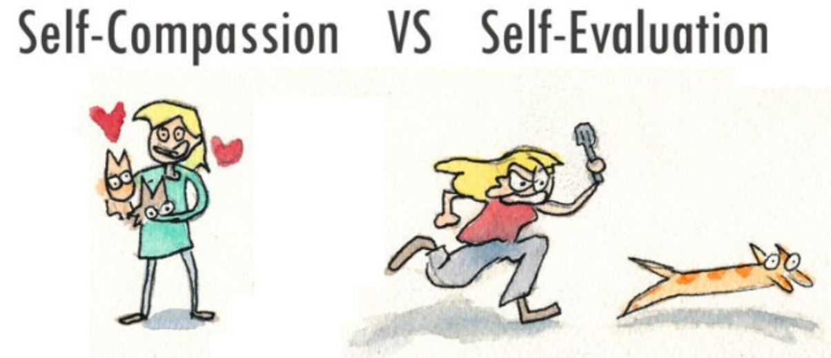 A two panel comic depicting a girl and her cat. The first panel reads, "Self-Compassion.' underneath is a girl holding a cat. The second pannel reads, "VS Self-Evaluation" where the girl chases the chat with a spoon.
