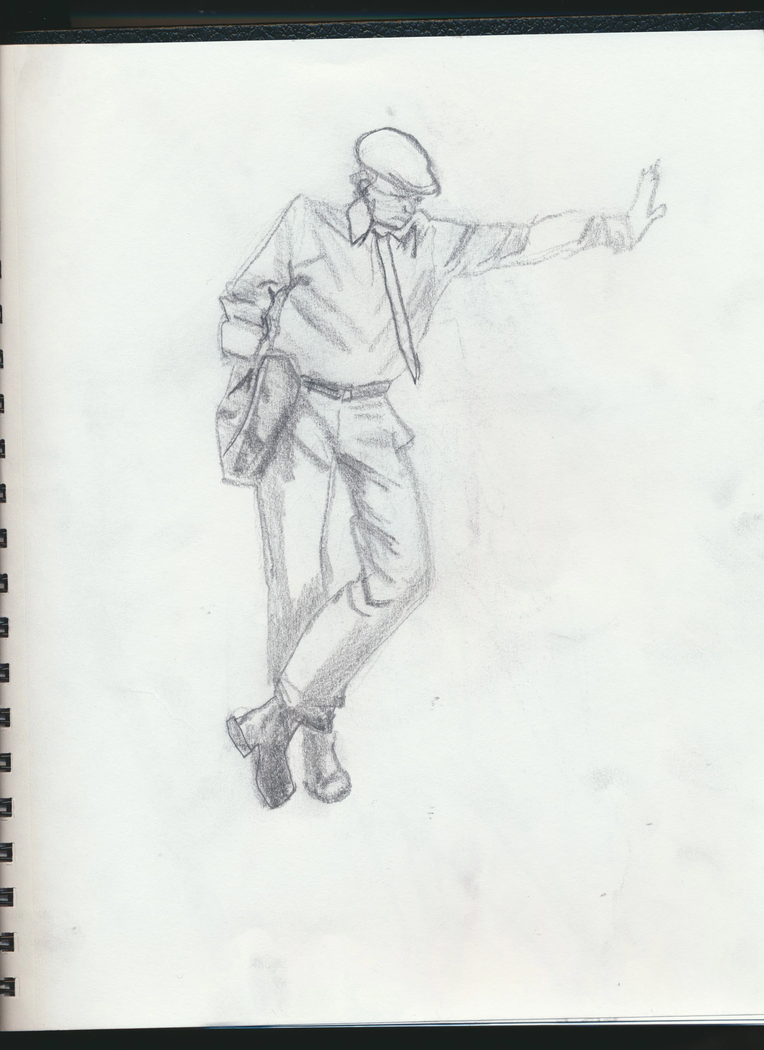 A pencil sketch of a person leaning against a surface with one arm outstretched. The person is wearing a hat, shirt, tie, pants, and boots, with a bag hanging from their shoulder.