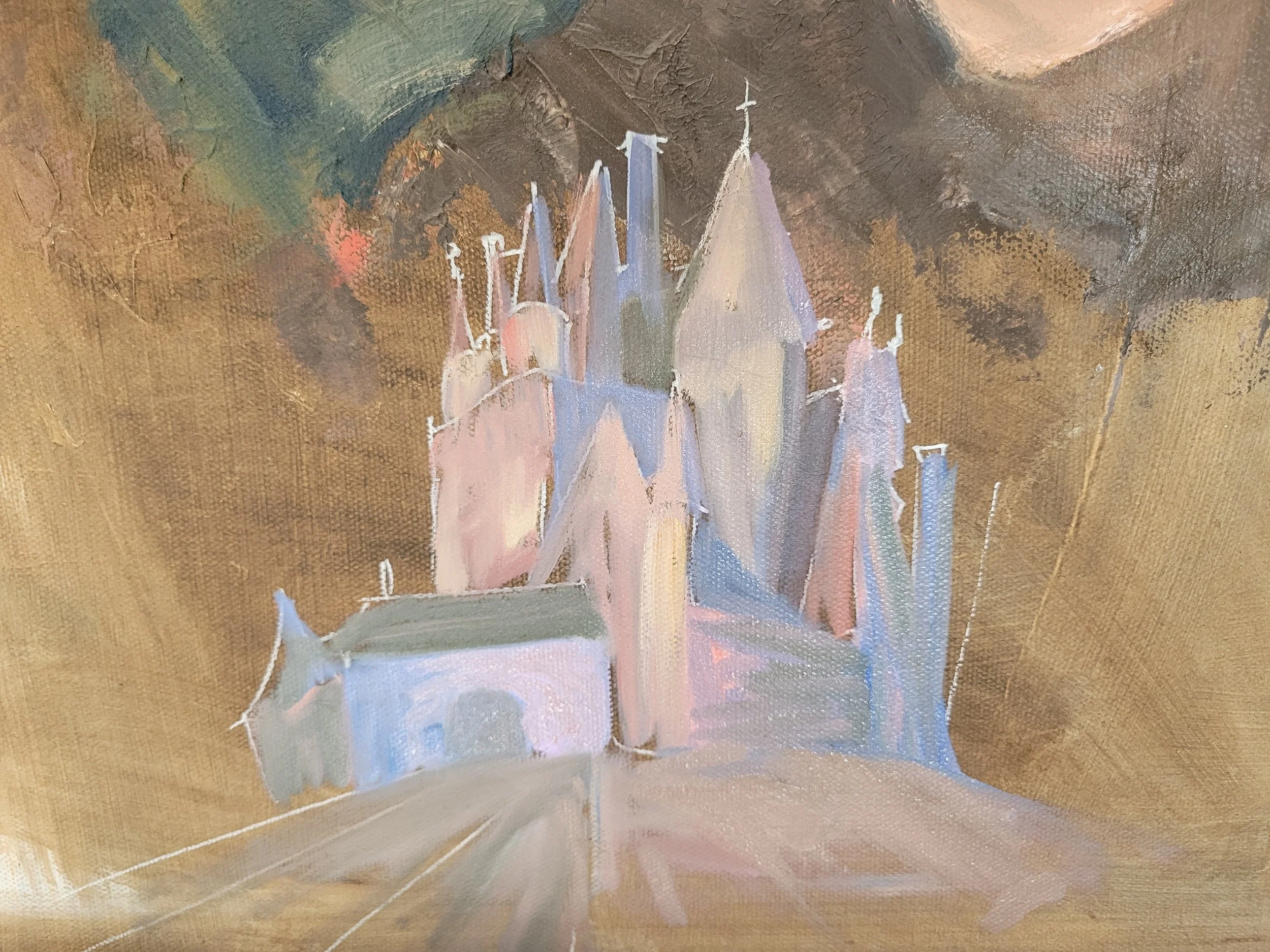 Painting of a church with tall pointed steeples and a cross on the top, set against a dark, cloudy sky.