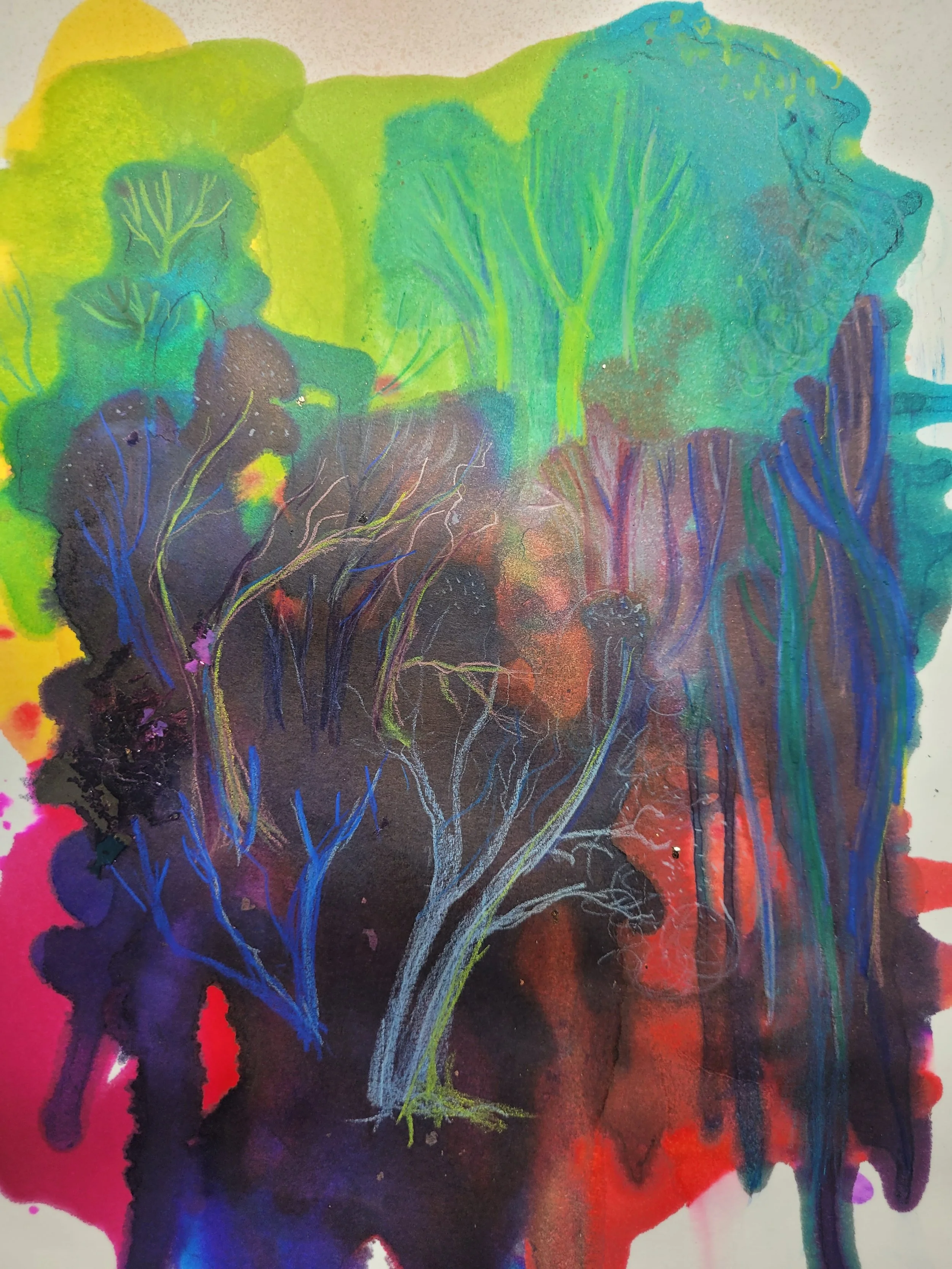 A colorful abstract watercolor painting of trees with vivid green, blue, purple, red, orange, black, and yellow colors blending together