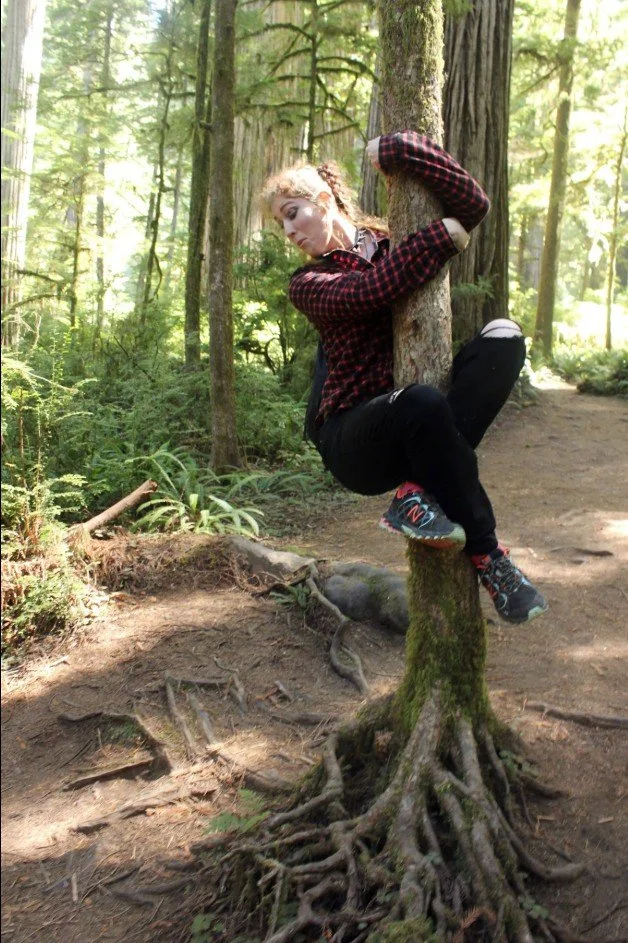 A woman dressed in a red and black plaid shirt and black pants is climbing a tree in a forest, hugging the trunk with her knees and arms.