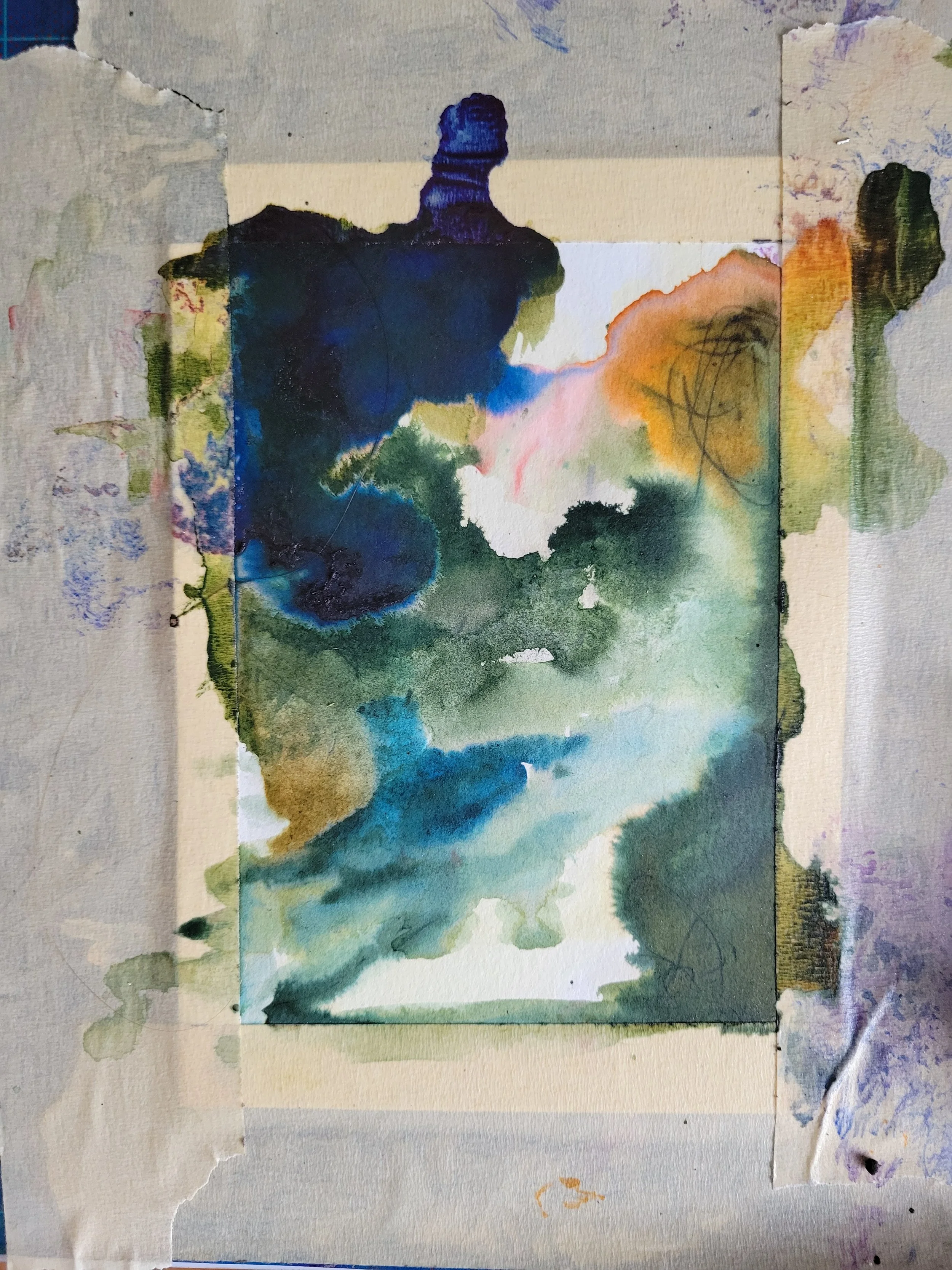 A colorful abstract watercolor painting with shades of blue, green, orange, pink, and black, on textured paper with torn edges and paint splatters.