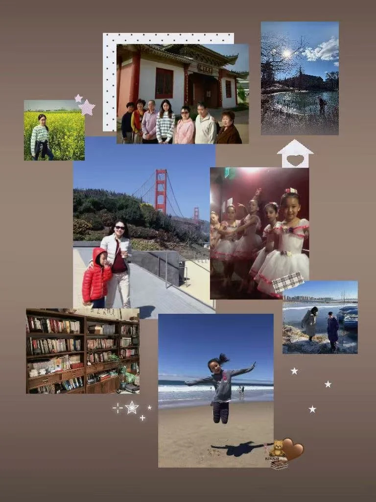 A collage of eight photos includes a group of women in front of a traditional Chinese building, a scenic lake view at sunset, a person walking on a trail near water, children performing on stage in matching costumes, a woman and child at a famous bridge, a girl jumping on a beach, a person in front of a car near water, and a young girl standing on the beach with arms outstretched.