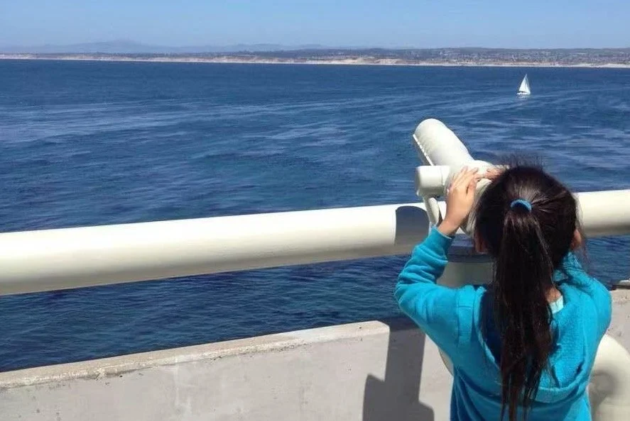 Young girl with dark hair in a ponytail looking through a telescope on a boat, overlooking the ocean with a distant sailboat.